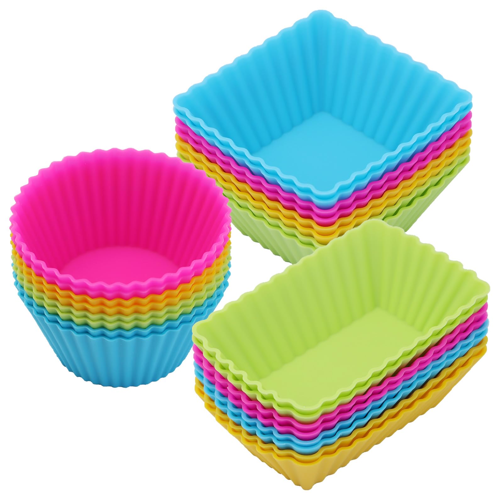 Sawnzc Silicone Cupcake Liners, 24Pack Reusable Baking Cups Muffin Liners Pastry Cake Molds, 3 Shapes Lunch Box Bento Dividers-R
