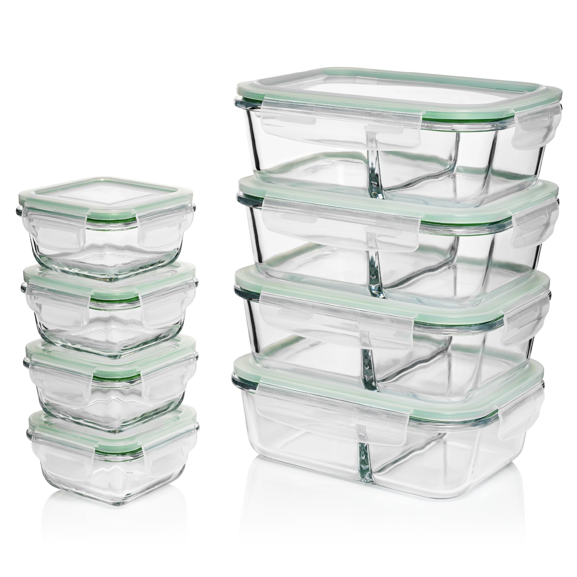 Glass Food Storage Containers 2 Compartment With Lids - 8 Pack Airtight, Microwave Safe, Reusable Meal & Portions Prep Set, Free