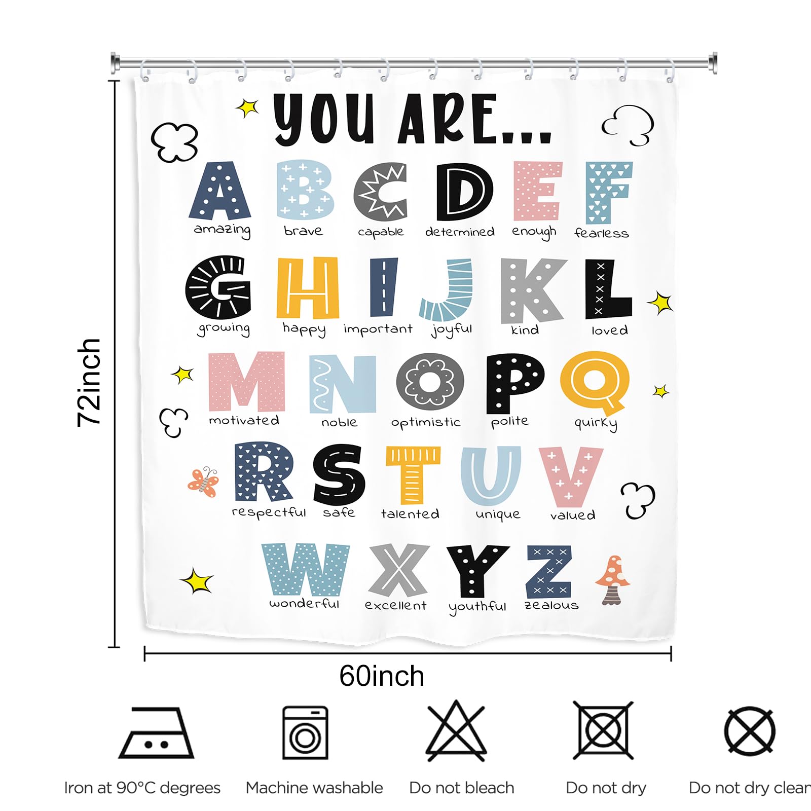 Kalmico Abc Alphabet Kids Shower Curtain 60Wx72L Inch Educational Learning Tools Study Inspirational Motivational Positive Boys