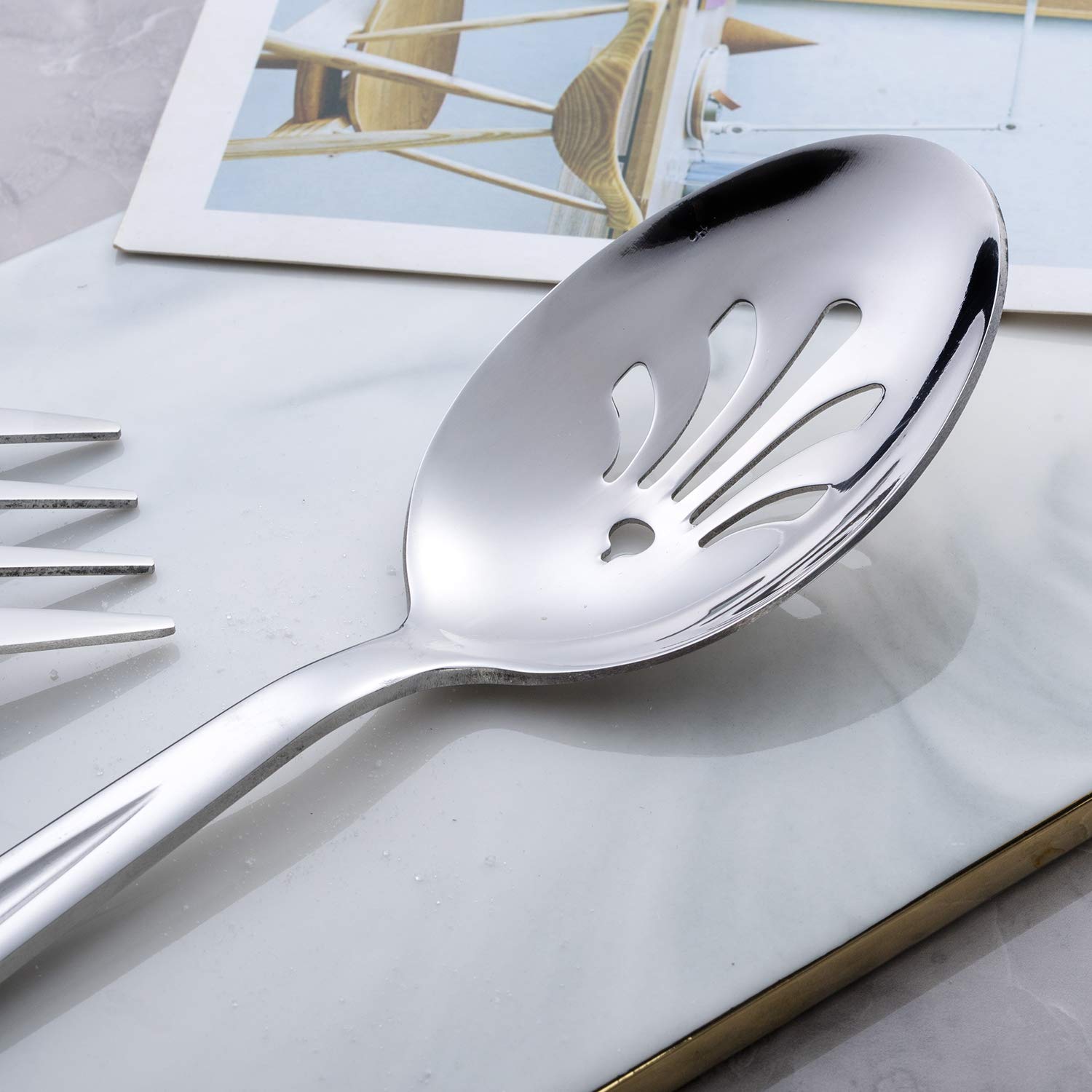Gogeili Stainless Steel Serving Spoon Set, Include 3 Large Serving Spoon And 3 Slotted Spoon, 9.5-Inch Catering Serving Spoon Se