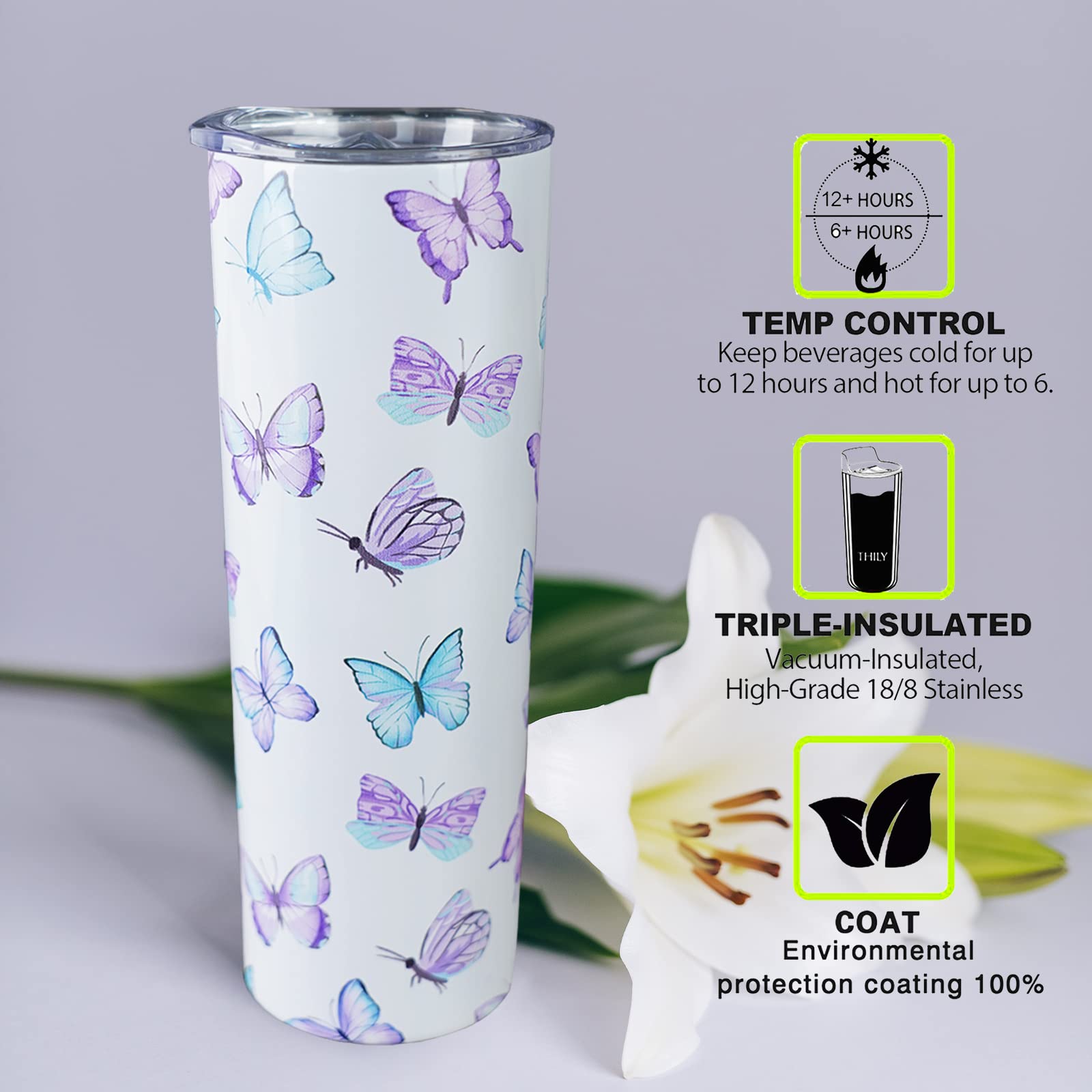 Mofvugz Butterfly Tumbler With Lid And Straw, Butterfly Gifts For Women, Purple Butterflies Cup Water Bottle Coffee Mug, Metal T