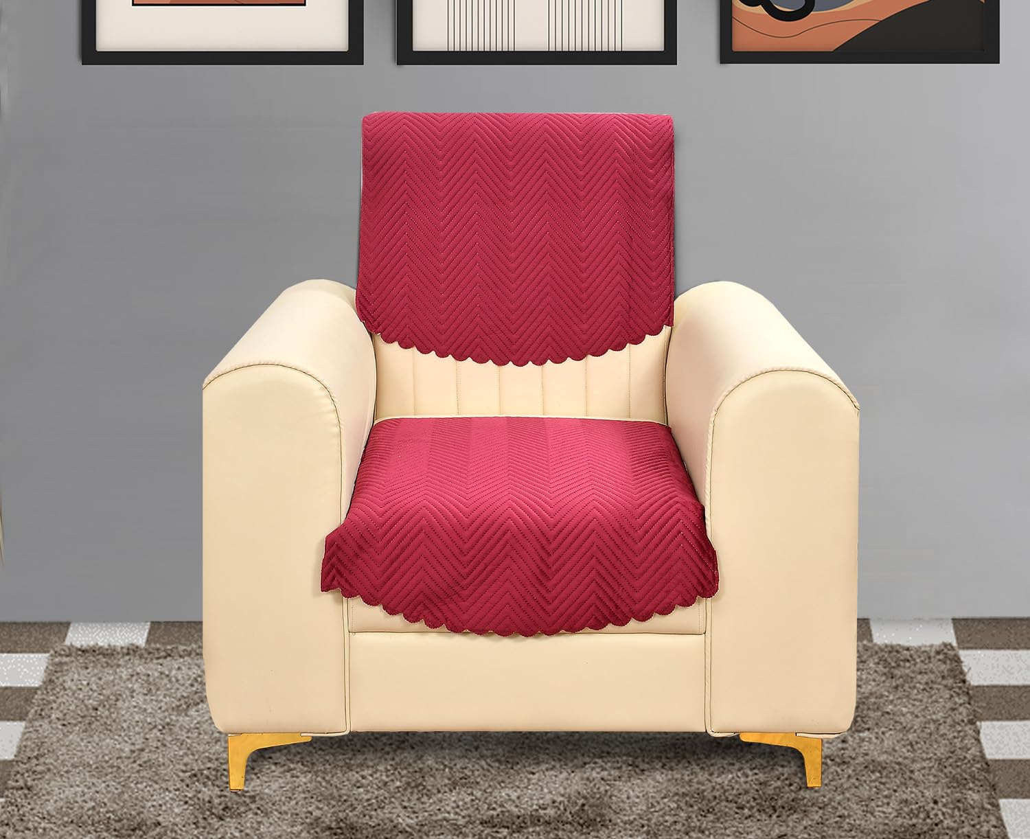 Yellow Weaves 1 Seater Quilted Sofa Chair Cover, Seat & Back Cover, Color - Cardinal Red