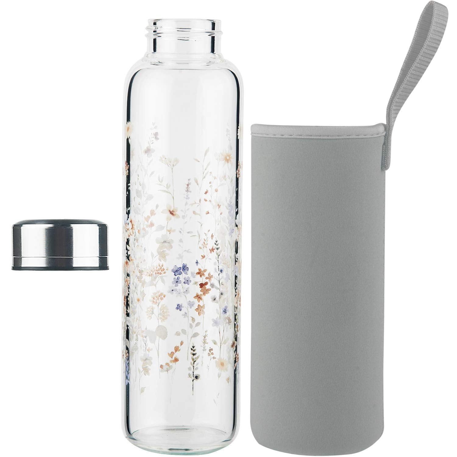 Reeho Borosilicate Glass Water Bottle, Sports Glass Drinking Bottle With Neoprene Sleeve And Stainless Steel Lid 16Oz / 32Oz