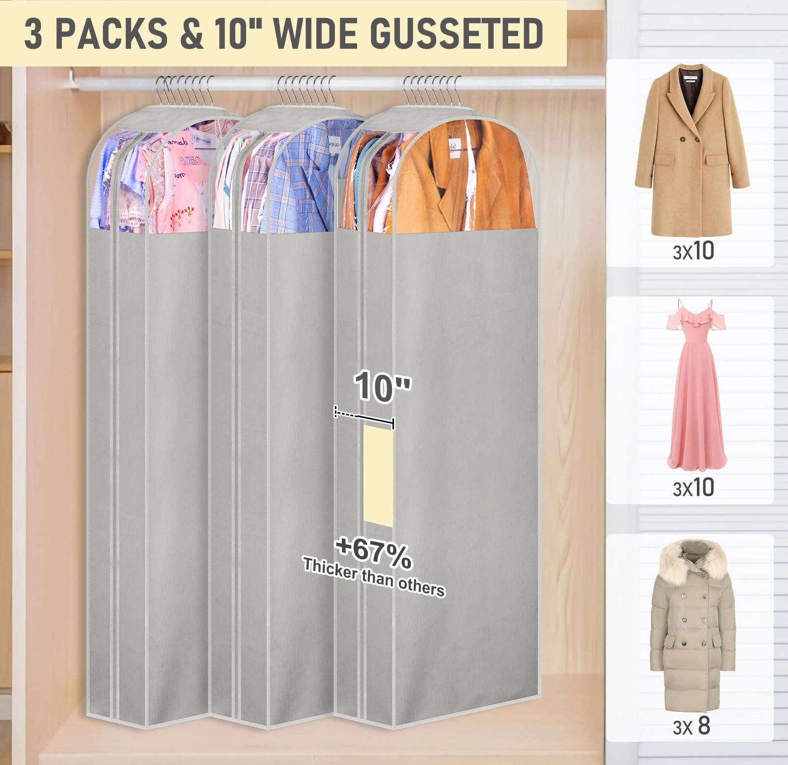 Misslo 10'' Gusseted Garment Bags For Hanging Clothes Storage 60'' Dress Bags For Gowns Long Breathable Dress Cover For Closet H