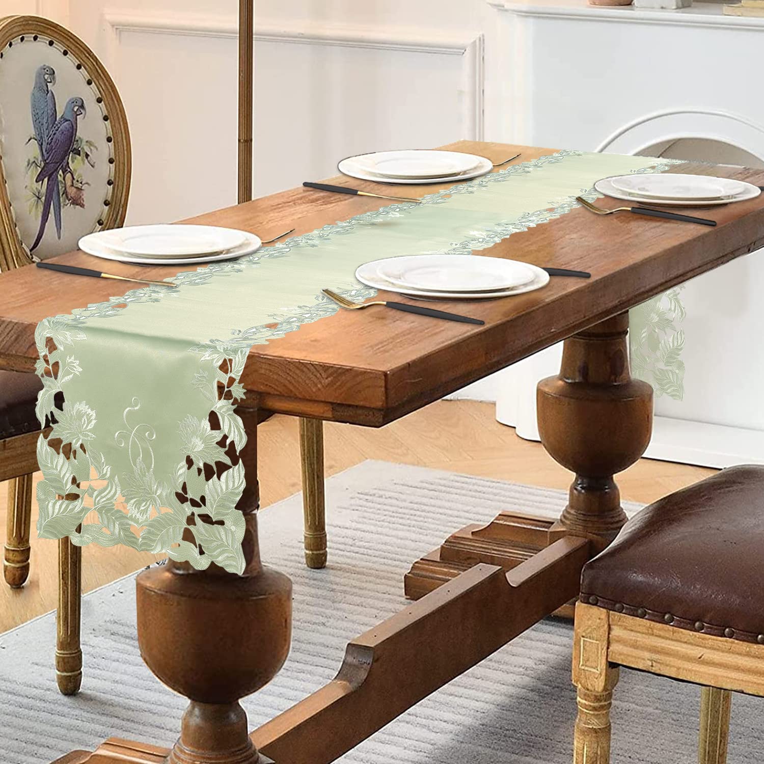 Light Green Table Runner - Lace Linen Dresser Scarf European Embroidery - Perfect For Kitchen Dining Room Home Decor Wedding Rec