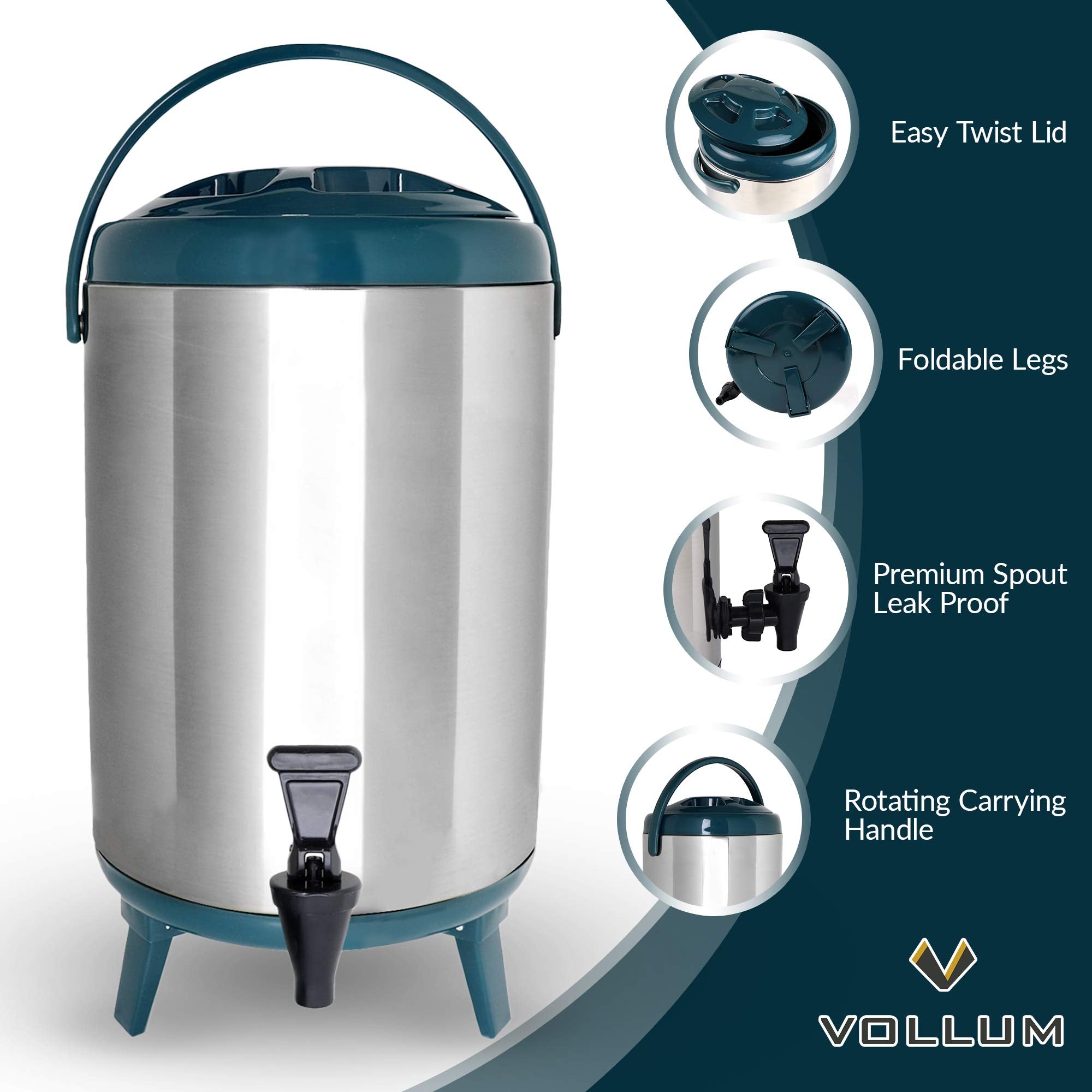 Vollum Stainless Steel Insulated Beverage Dispenser - Insulated Thermal Hot And Cold Coffee Carafe - 12 Liter Drink Dispenser Wi
