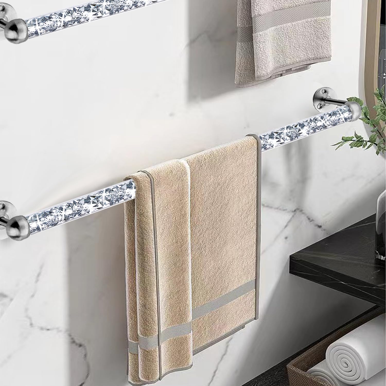 Meetart Crushed Diamond Glass Towel Bar For Bathroom,Set Of 2 Towel Rods Wall-Mounted ,Towel Racks For Bath Towels,Hand Towels(2