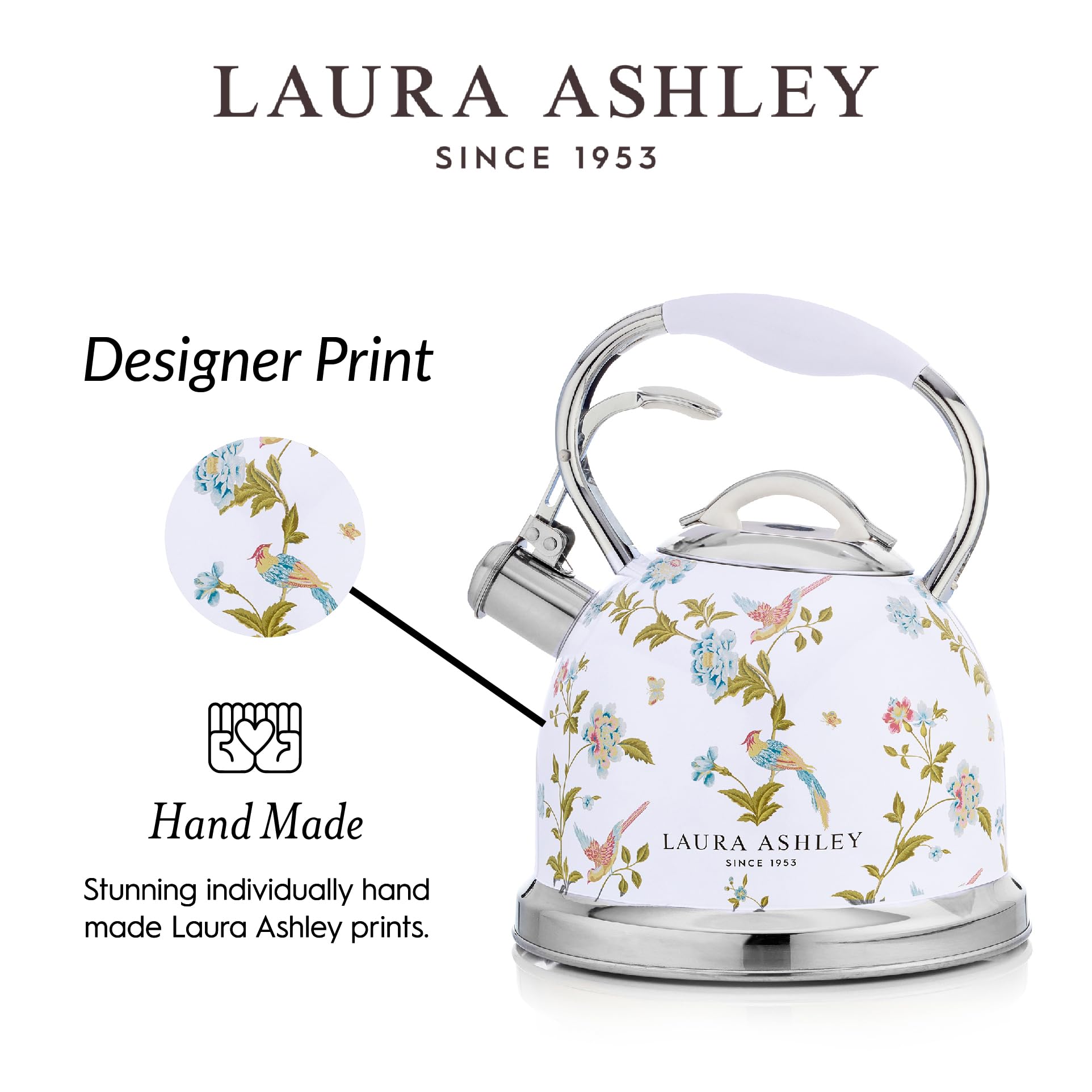 Vq Laura Ashley Elveden White 3L Stainless Steel Tea Kettle Stovetop Whistling Teapot For Induction, Gas Hob Or Others. Silicon