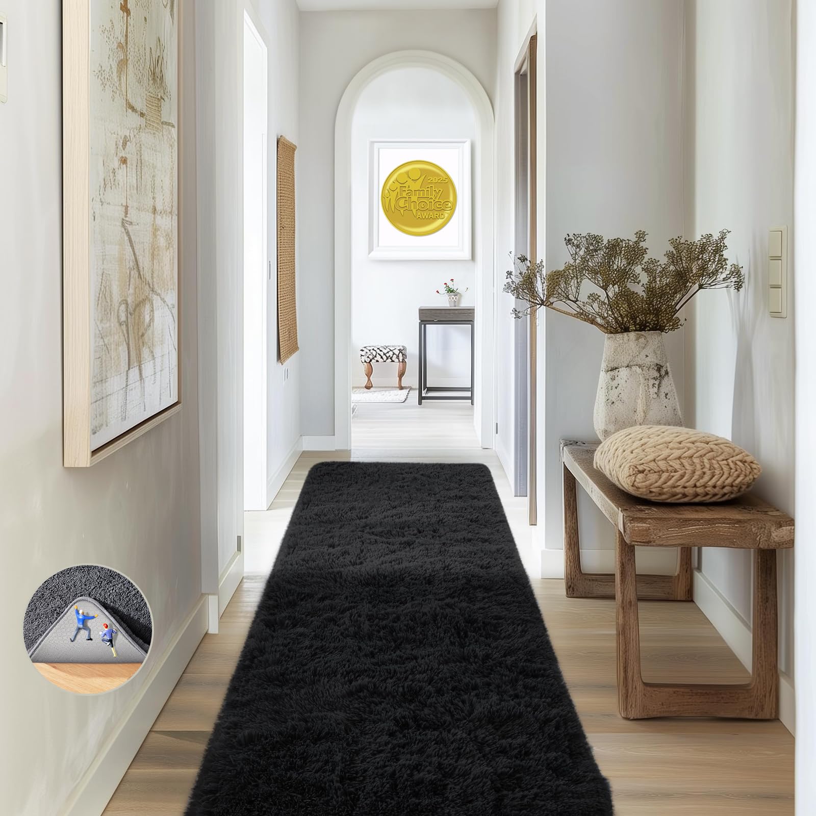 Ophanie Runner Rug for Hallway, 2x6 Bedroom Black Runner Rugs, Non Slip Fluffy Soft Shaggy Bedside Carpet for Kids Girls Boys Ho