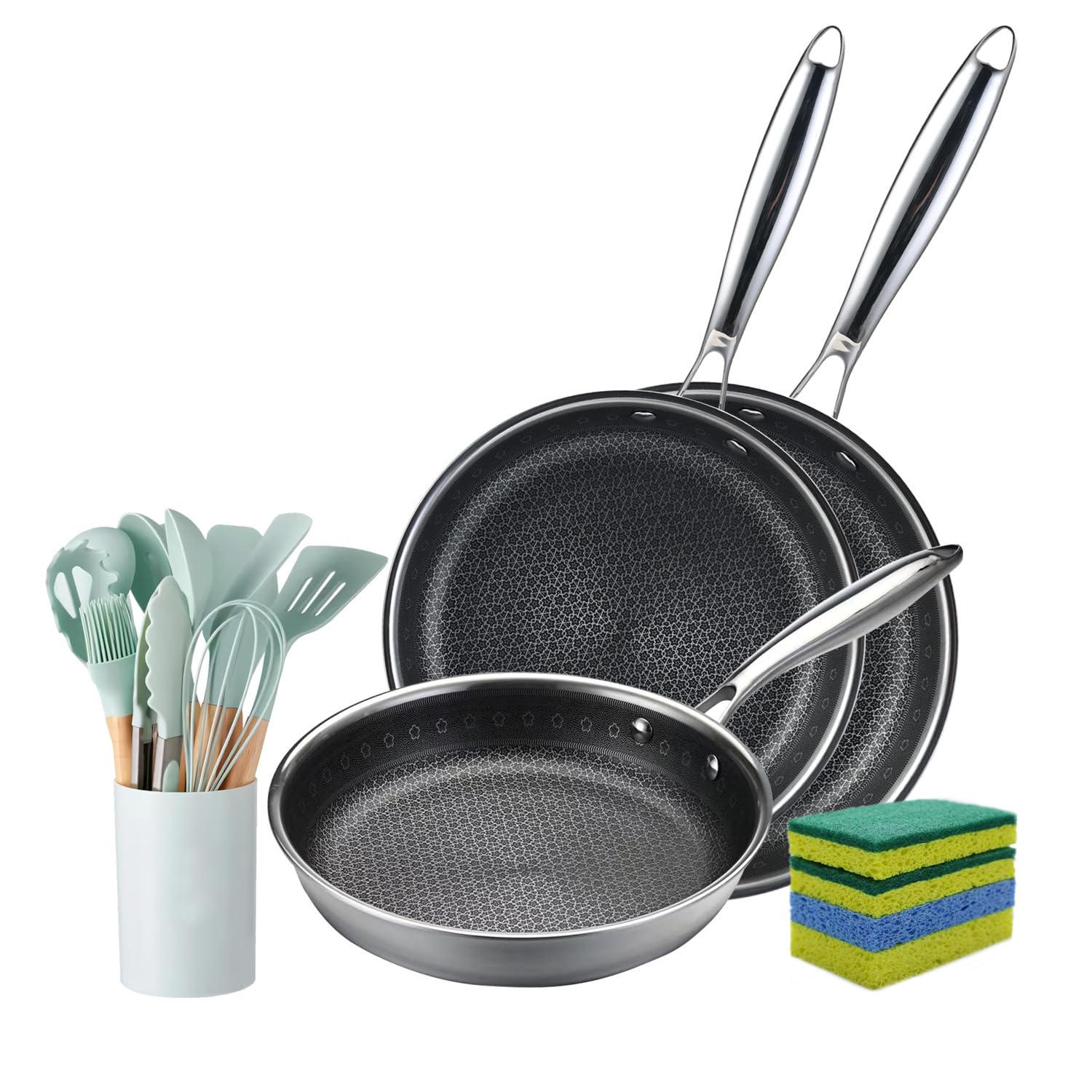 Vivicreate TriPly Stainless Steel Frying Pan Set, 19 Piece Nonstick Skillet Cookware Set with 3 Fry Pans 9.5 10.25 11 Inch, Ind