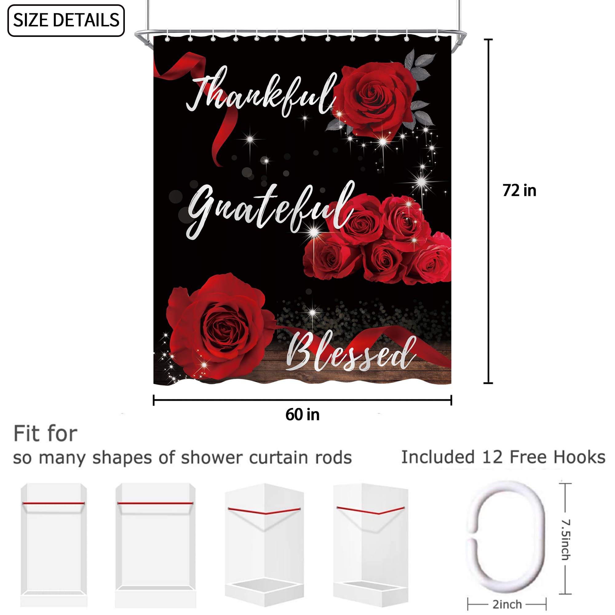 Oolygoo Red Rose Shower Curtain 60''X72'' Inspirational Thankful Grateful Blessed Shower Curtain Set For Bathroom Flower Wooden