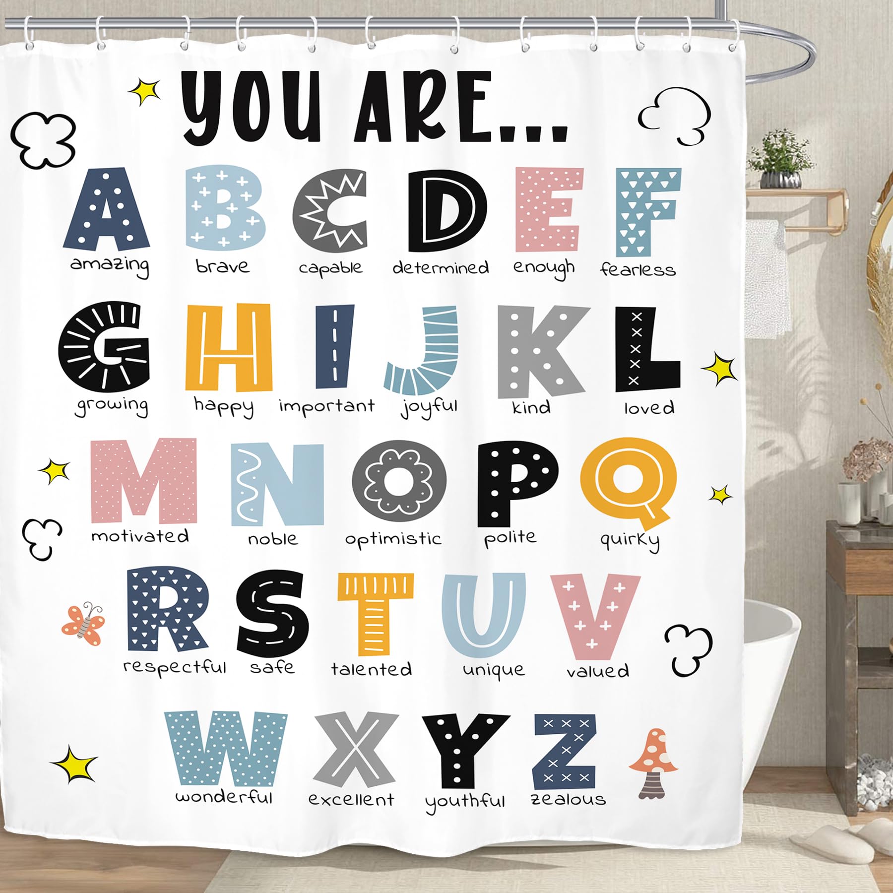 Kalmico Abc Alphabet Kids Shower Curtain 60Wx72L Inch Educational Learning Tools Study Inspirational Motivational Positive Boys