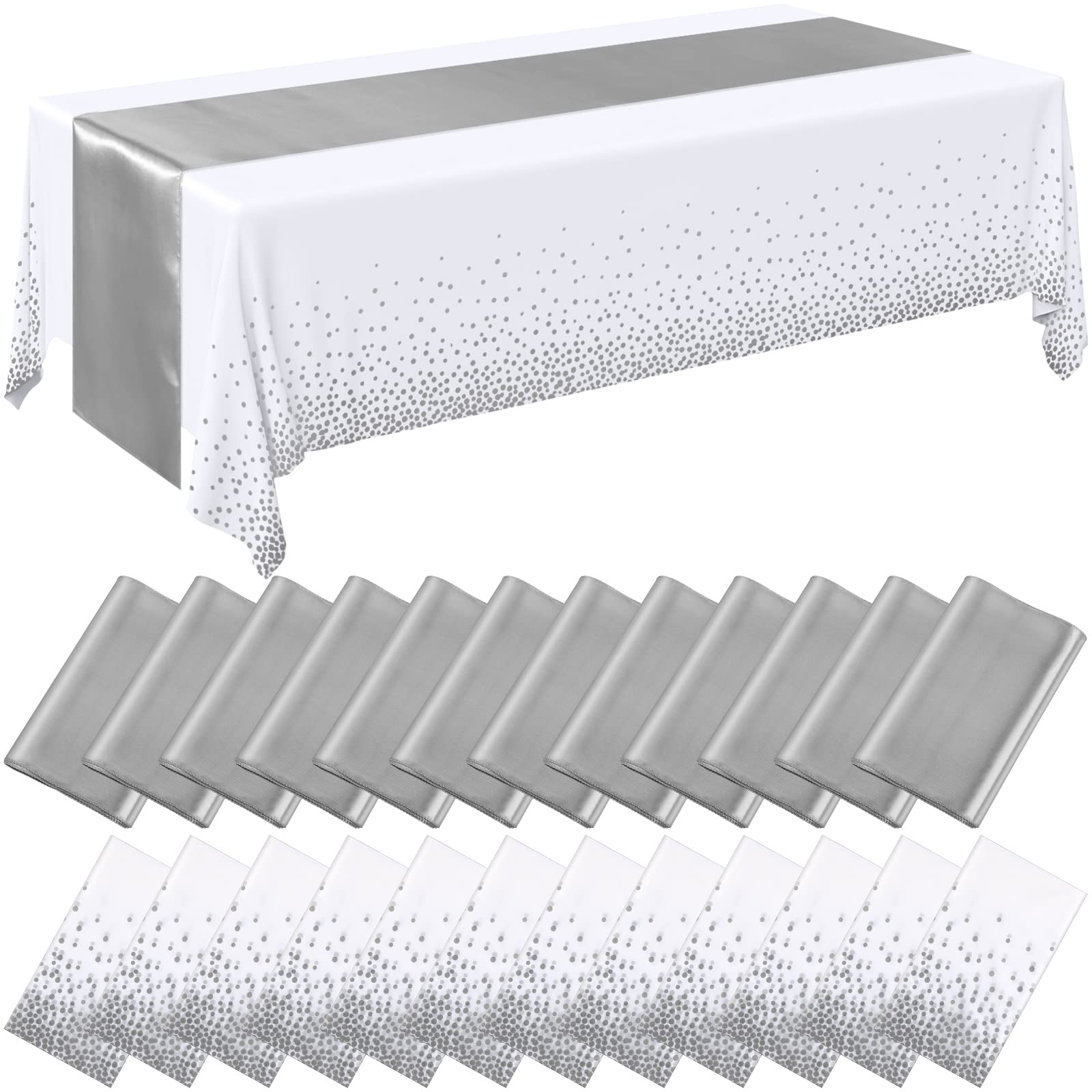 Breling 24 Packs White and Silver Disposable Plastic Tablecloths and Satin Table Runner Set, 54 x 108 Inch Tablecloth, 12 x 108 