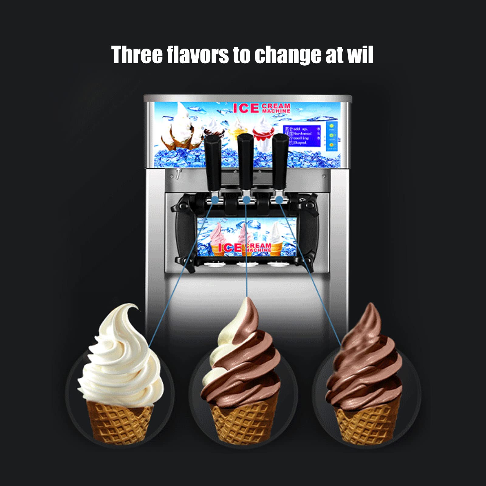 Lgxenzhuo 3 Flavor Soft Ice Cream Machine Commercial Soft Serve Ice Cream Maker Sorbet Frozen Yogurt Gelato Led Display Desktop