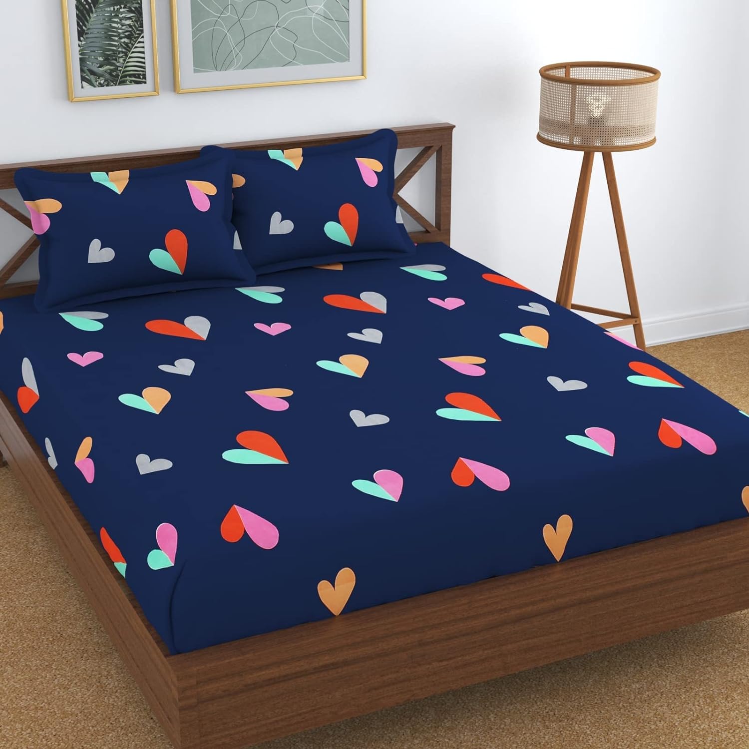 Kawi Elastic Floral Fitted Bedsheets(60X78)Queen Size Glace Cotton For Double Bed With All Around Elastic,2 Large Pillow Cover