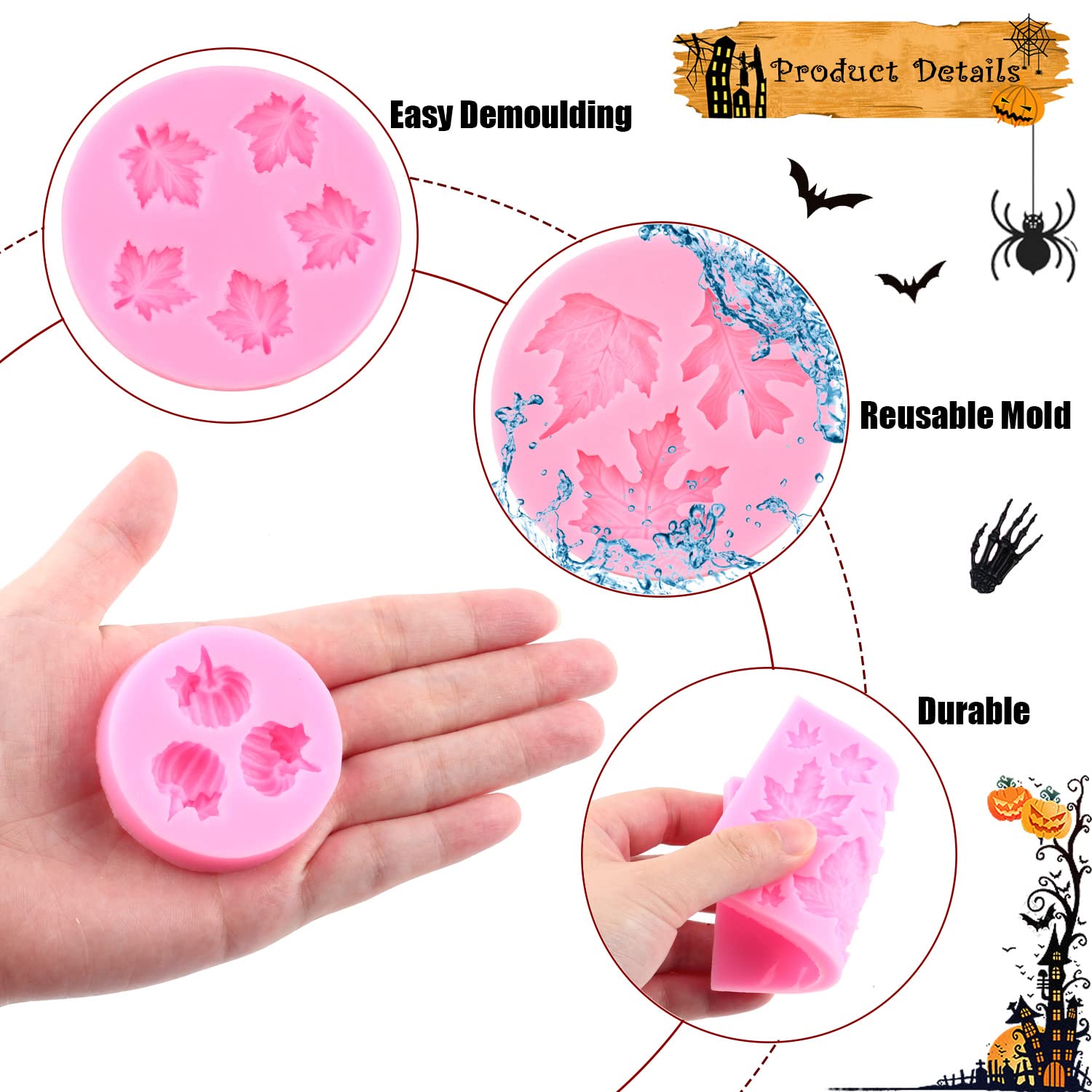 Miyahouse Pumpkin Maple Leaves Fondant Mold Mini 3D Pumpkin Maple Leaves Mold For Cake Decoration Cupcake Topper Candy Chocolate