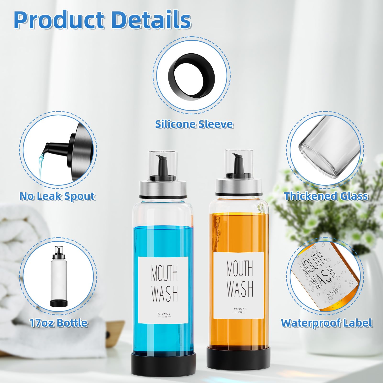 Vitviti Mouthwash Dispenser For Bathroom, Glass Mouth Wash Container With Cup Lid, 17Oz Clear Refillable Mouthwash Bottle Decant
