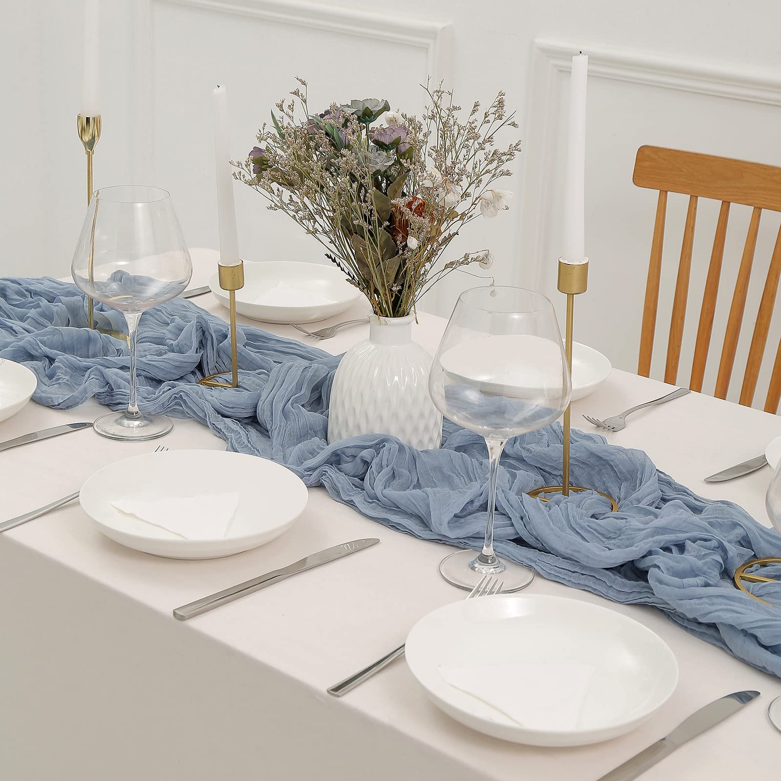 Dolopl 8Pcs Dusty Blue Cheesecloth Table Runner Bulk 13.3Ft Boho Gauze Cheese Cloth Table Runner Rustic Sheer Runner 160Inch Lon