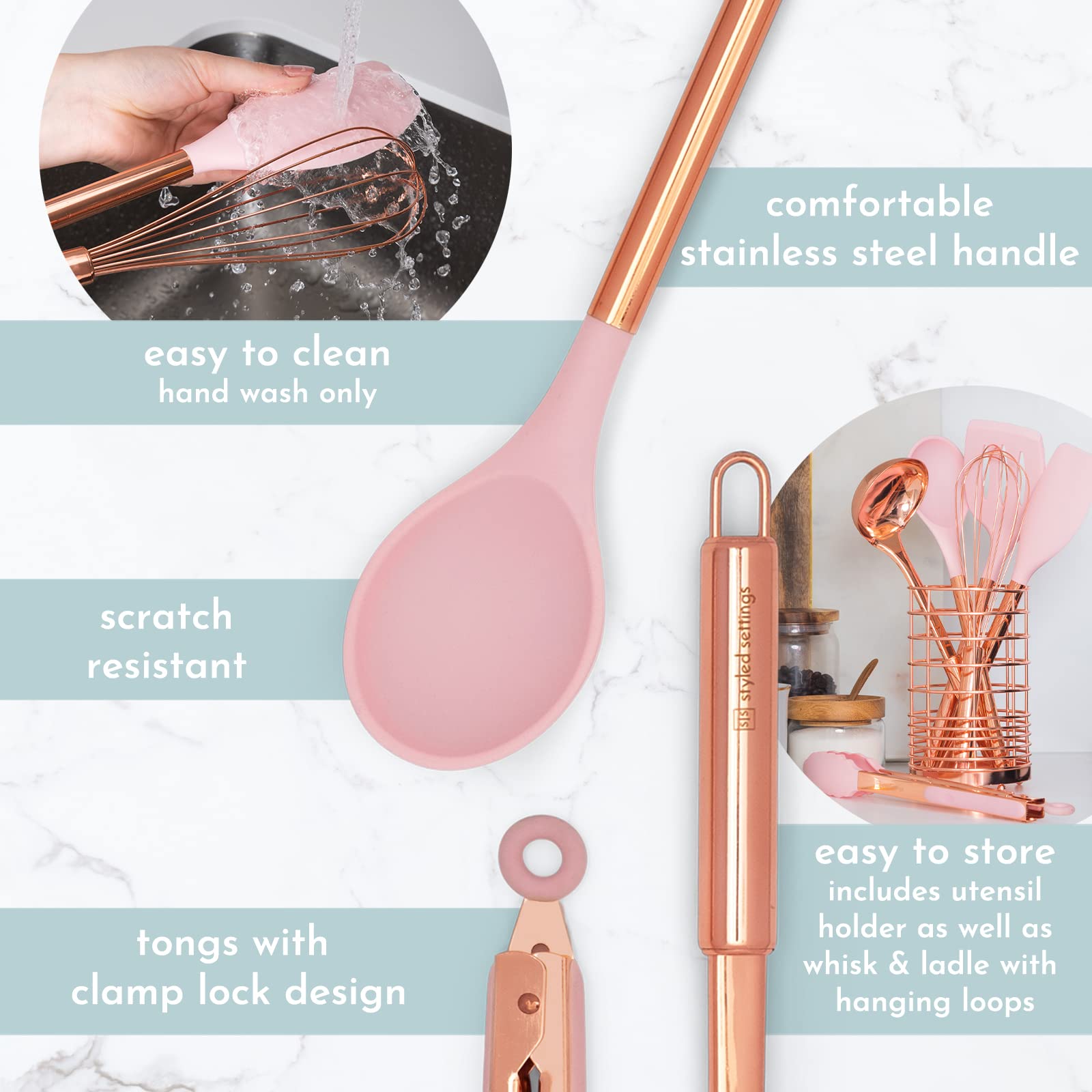 Copper And Pink Kitchen Utensils Set - 17-Piece Silicone Cooking Tools With Copper Utensil Holder And Pink Measuring Cups And Sp