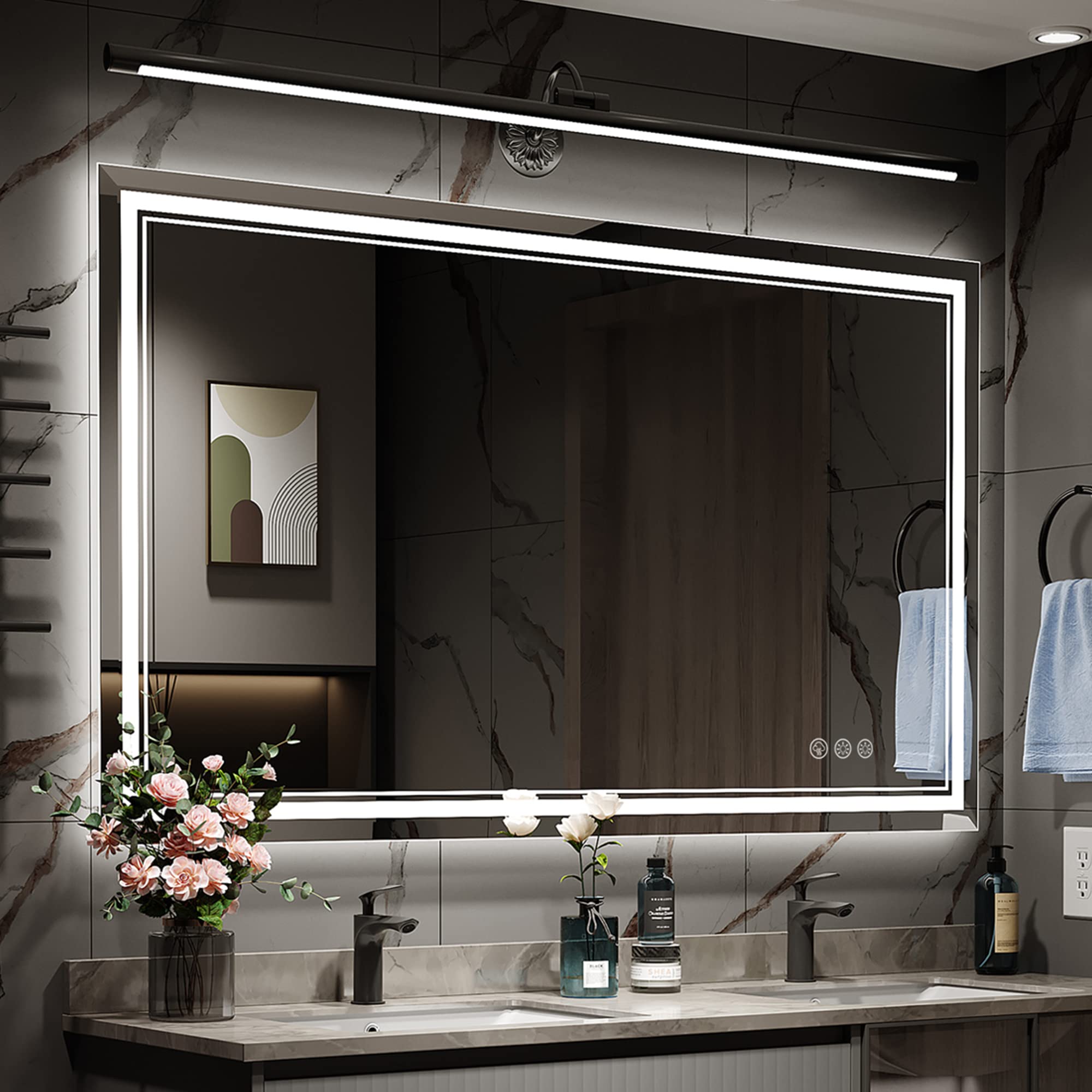 Ratsamee 48X32 Inch Led Mirror For Bathroom With Front Light And Backlit, Dimmable Anti Fog Wall Bathroom Mirror With Led Lights