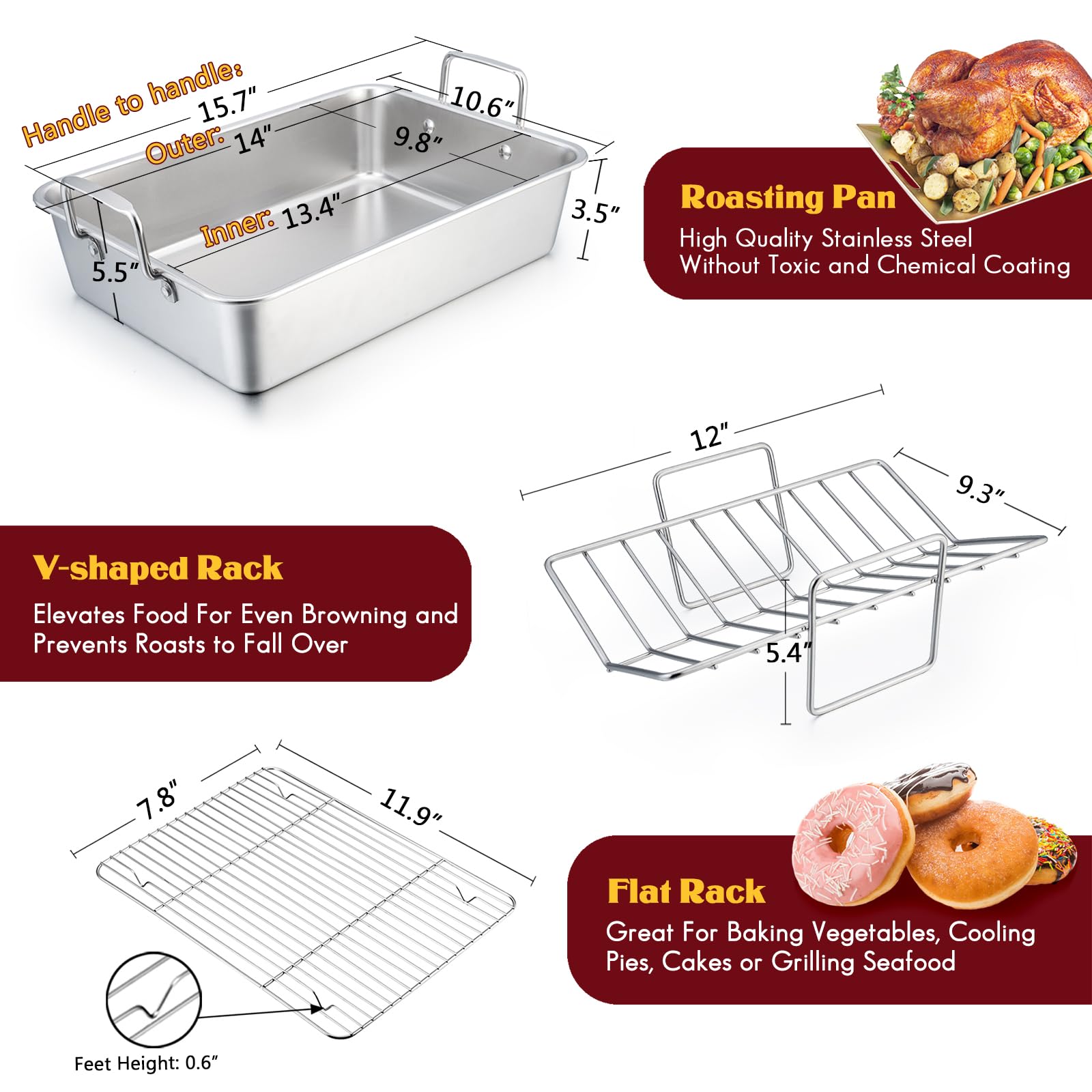 Stainless Steel Roasting Pan, E-Far 14 X 10.6 Inch Heavy Duty Turkey Roaster With V Rack & Baking Rack Set, Small Metal Deep Bro