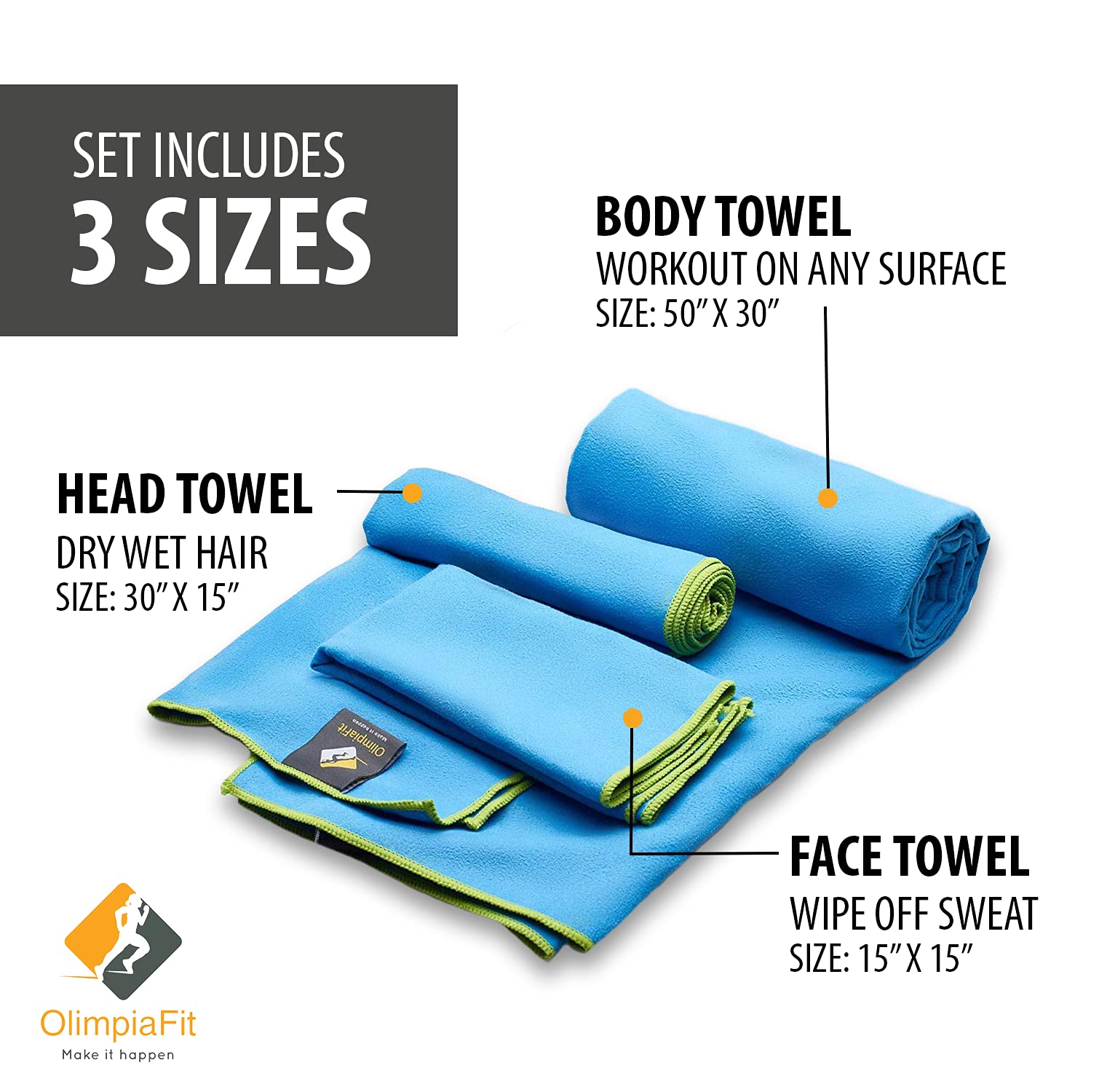 OlimpiaFit Quick Dry Towel - 3 Size Pack of Lightweight Microfiber Travel Towels w/Bag - Fast Drying Towel Set for Camping  Beach  Gym  Backpacking  Sports  Yoga & Swim Use