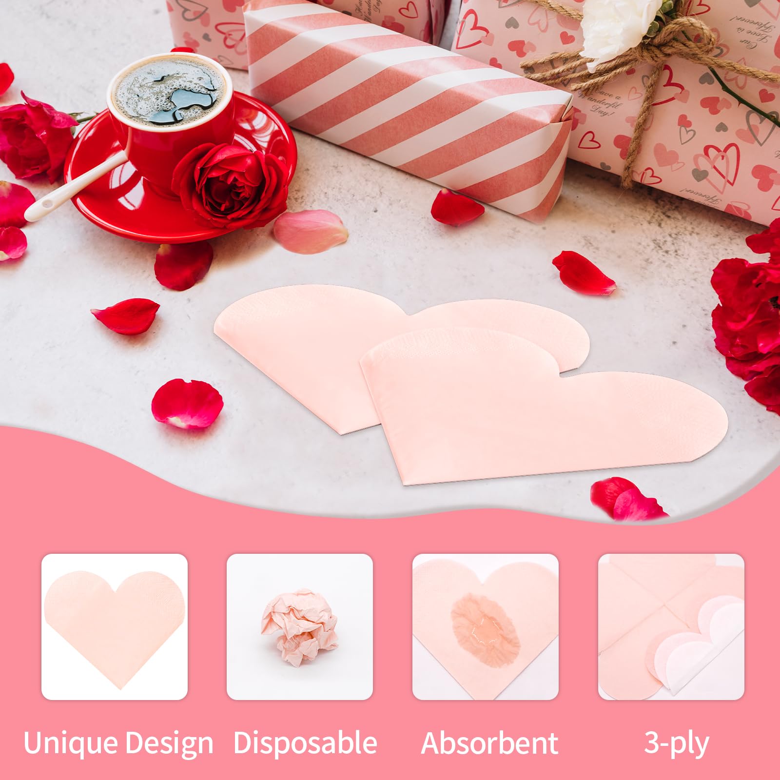 Valentine'S Day Party Supplies, Disposable Love Napkins Heart Shaped Napkins For Valentine'S Day Engagements Wedding Anniversari