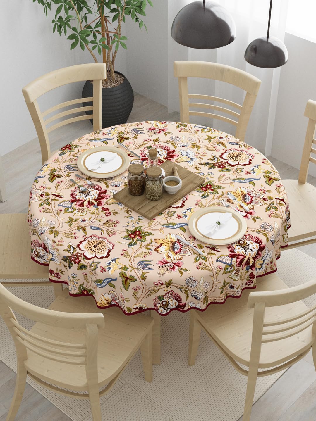 Clasiko 100% Cotton 6 Seater Round Table Cover; 72x72 Inches; Multicolor Flowers