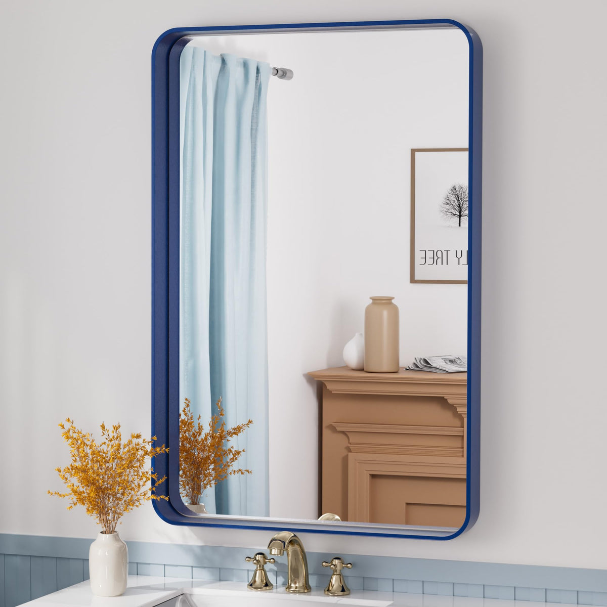 Tetote Navy Blue Bathroom Mirror 24 X 36 Metal Frame Wall Mounted Rectangle Mirror For Vanity With Sandy Textured Surface(Horizo
