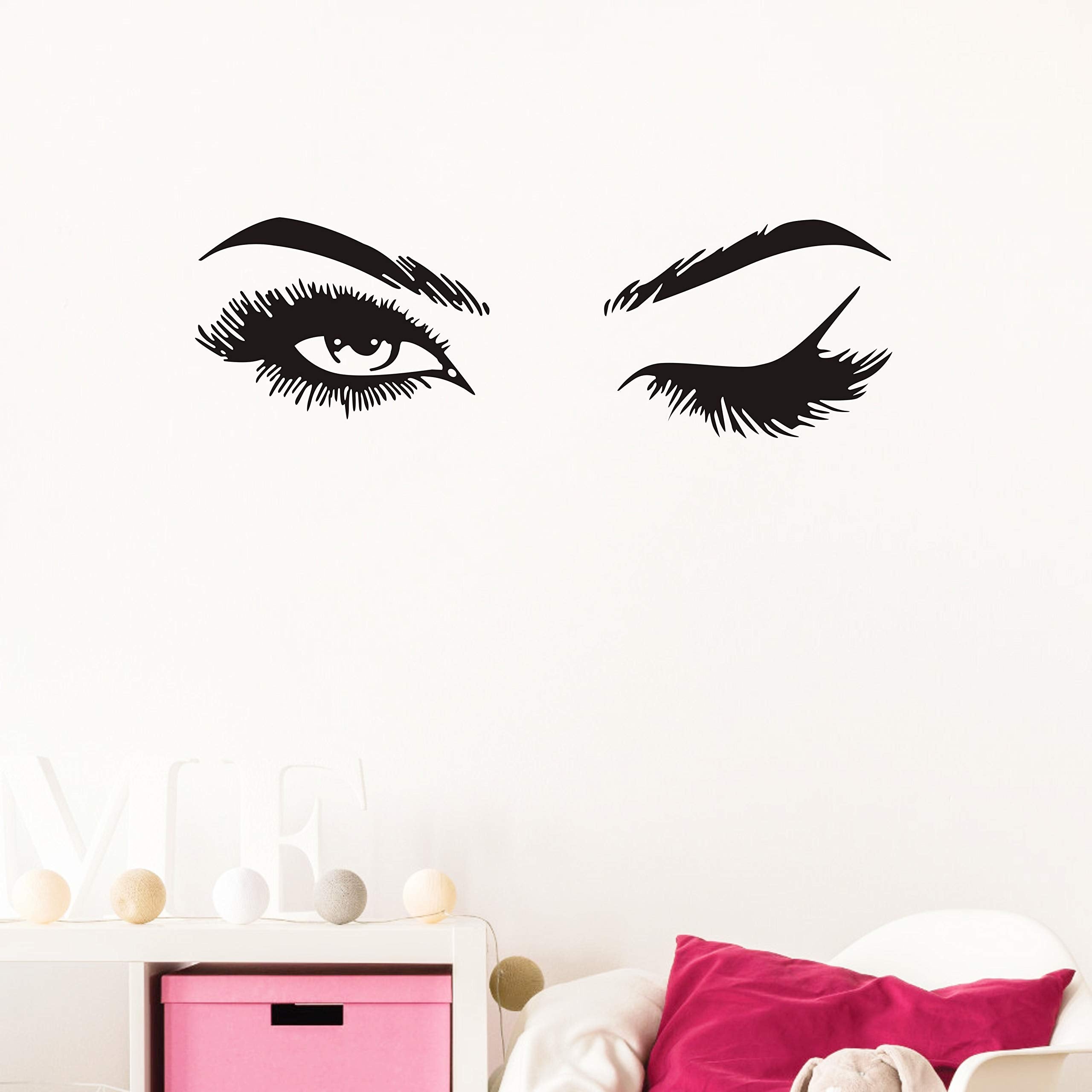 Fashionista Girl Wink Wall Decal With Beautiful Charming Eyelashes, Easy Peel And Stick Woman Mural Vinyl Art Decor For Living R