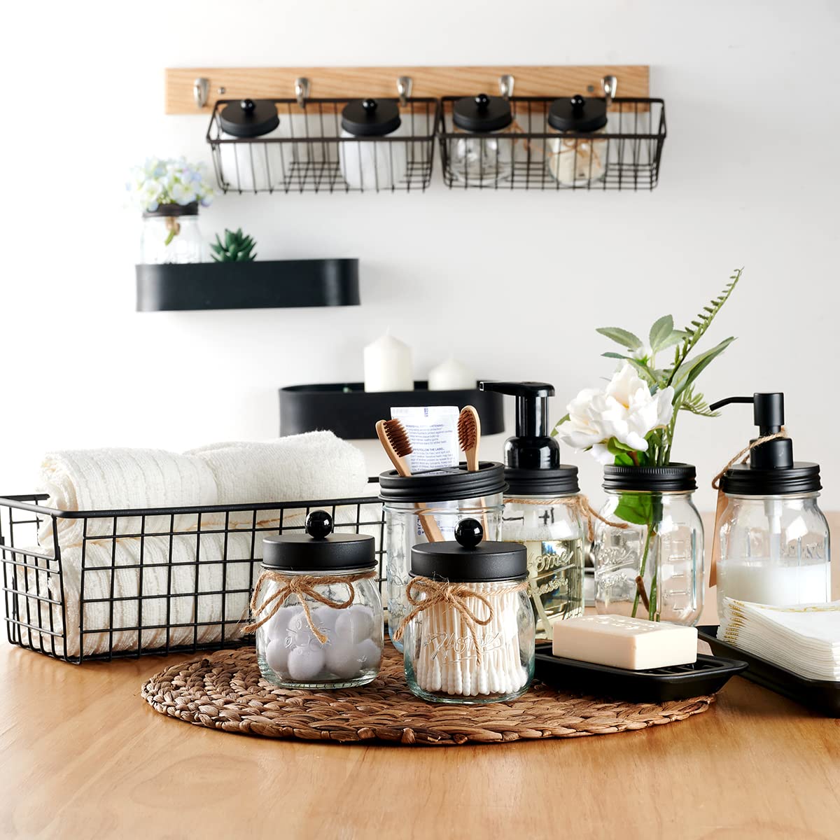 Premium Mason Jar Bathroom Accessories Set (6PCS) - Lotion Soap Dispenser Toothbrush Holder 2 Apothecary Jars(Qtip Holder)  Soap Dish Storage Organizer Basket - Rustic Farmhouse Decor (Black)