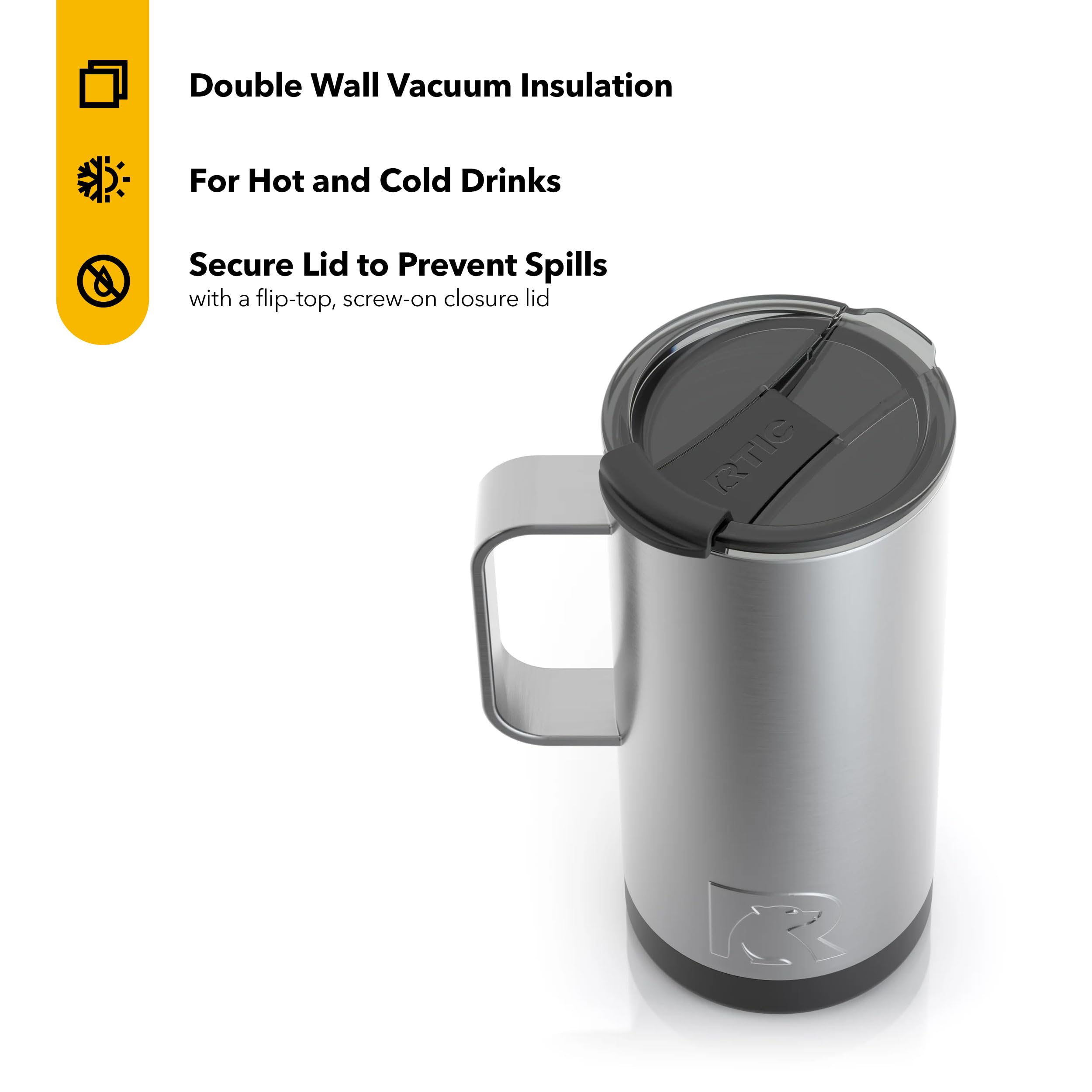 Rtic 16 Oz Coffee Travel Mug With Lid And Handle, Stainless Steel Vacuum-Insulated Mugs, Leak, Spill Proof, Hot Beverage And Col