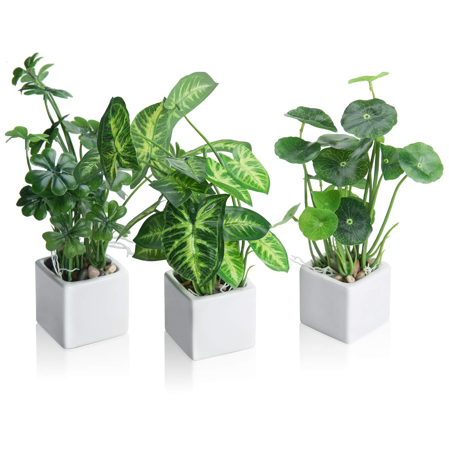 MyGift Artificial Assorted Plants Faux Tabletop Greenery in White Square Ceramic Pots, Set of 3