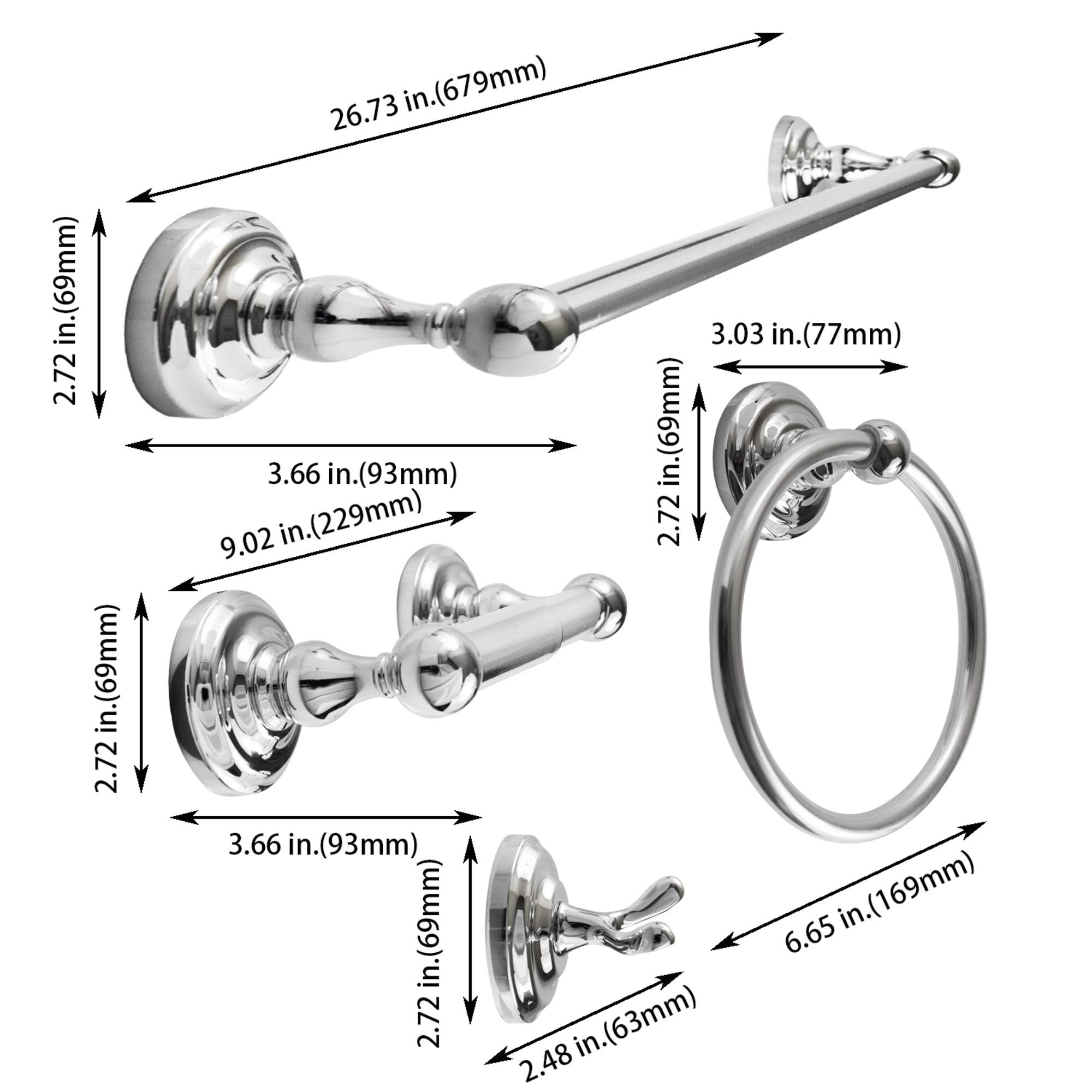 Sento Robiki Modern Silver Bathroom Hardware Accessories Set, Includes Robe Hook, Toilet Paper Holder, Towel Ring, 24'' Towel Ba