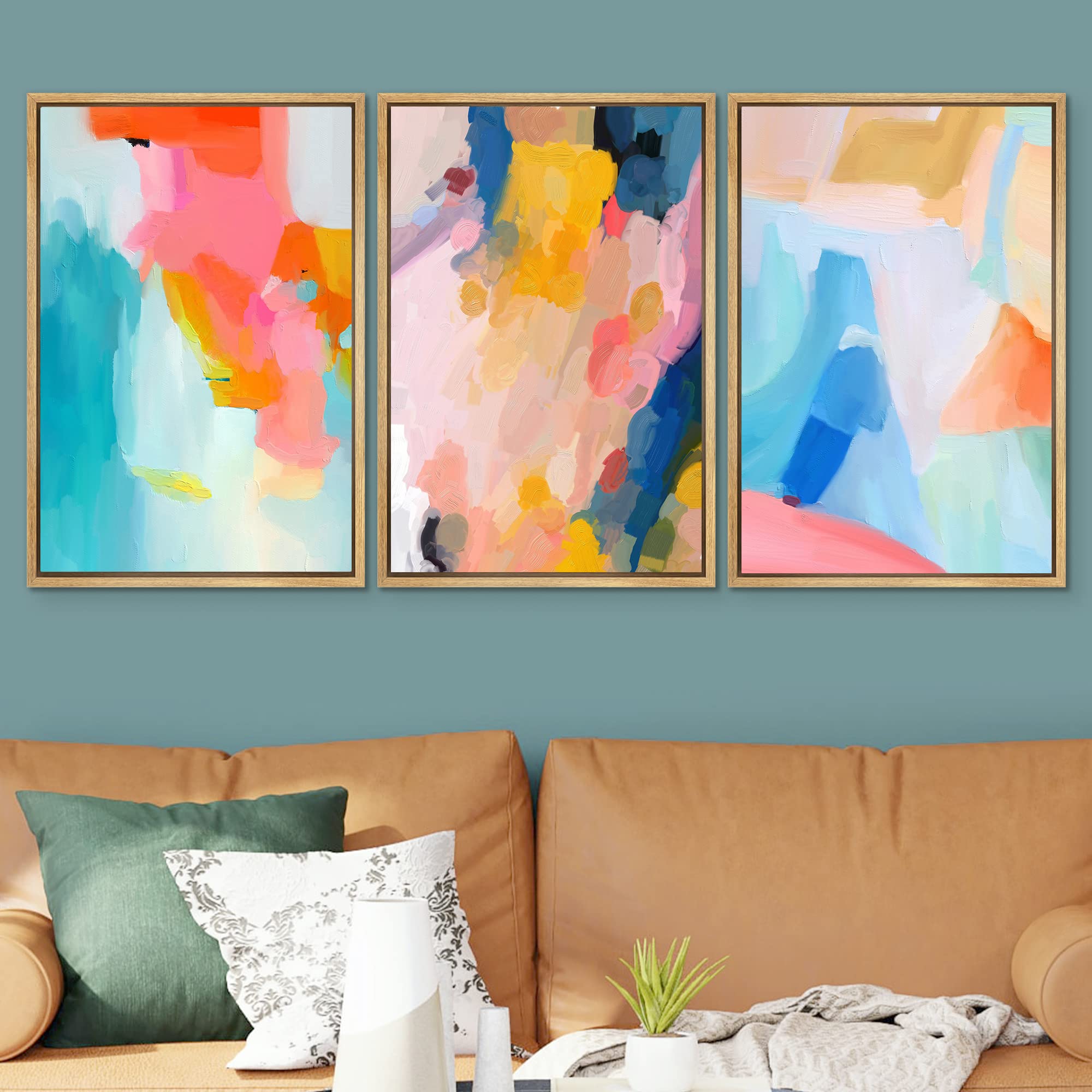 Signwin Framed Canvas Print Wall Art Set Vibrant Rainbow Paint Stroke Collage Shapes Abstract Illustrations Modern Art Decorativ