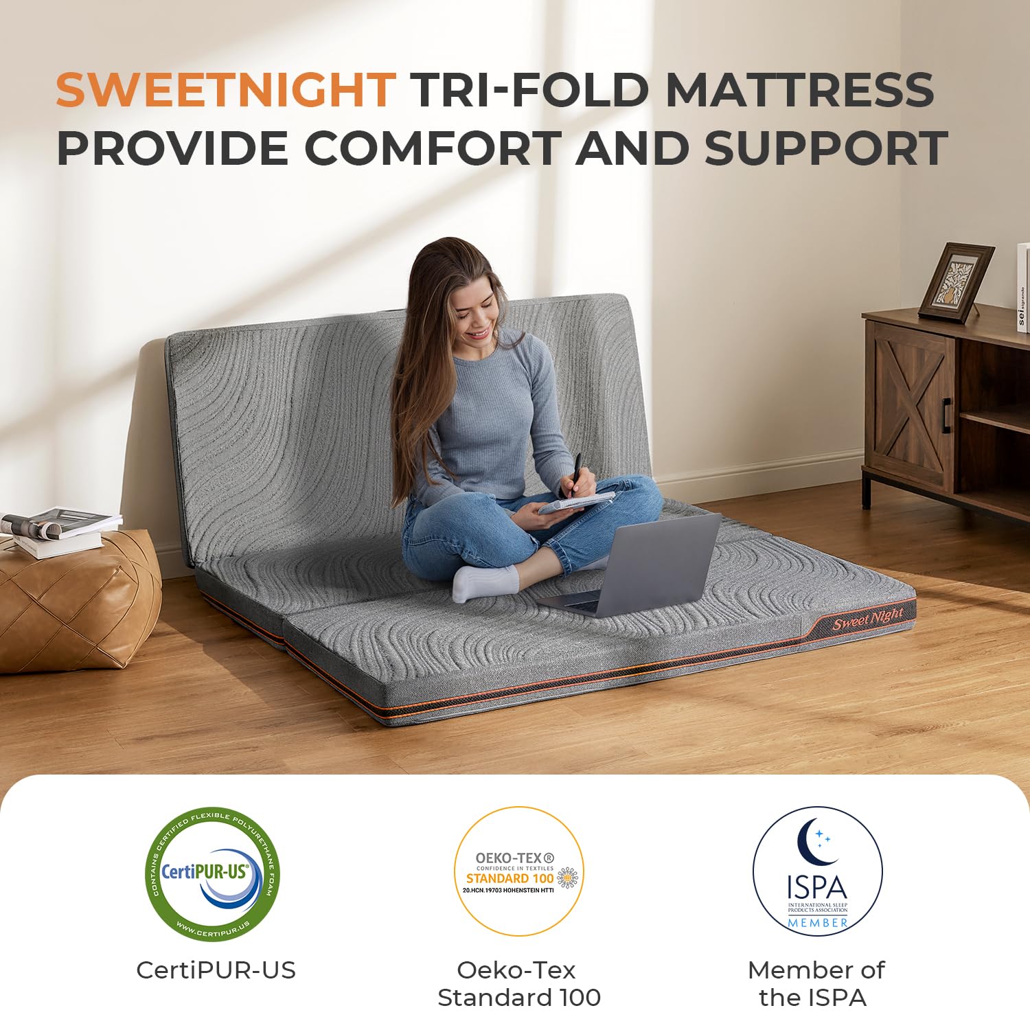 Sweetnight Trifold Mattress With Carry Bag - 4 Inch Portable Floor Mattress With Breathable & Washable Cover | Foldable Mattress