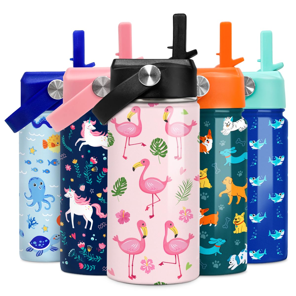 Kids Water Bottle Flamingo Water Bottles 12Oz With Straw Insulated Stainless Steel Travel School Tumbler Double Wall Vacuum Cup