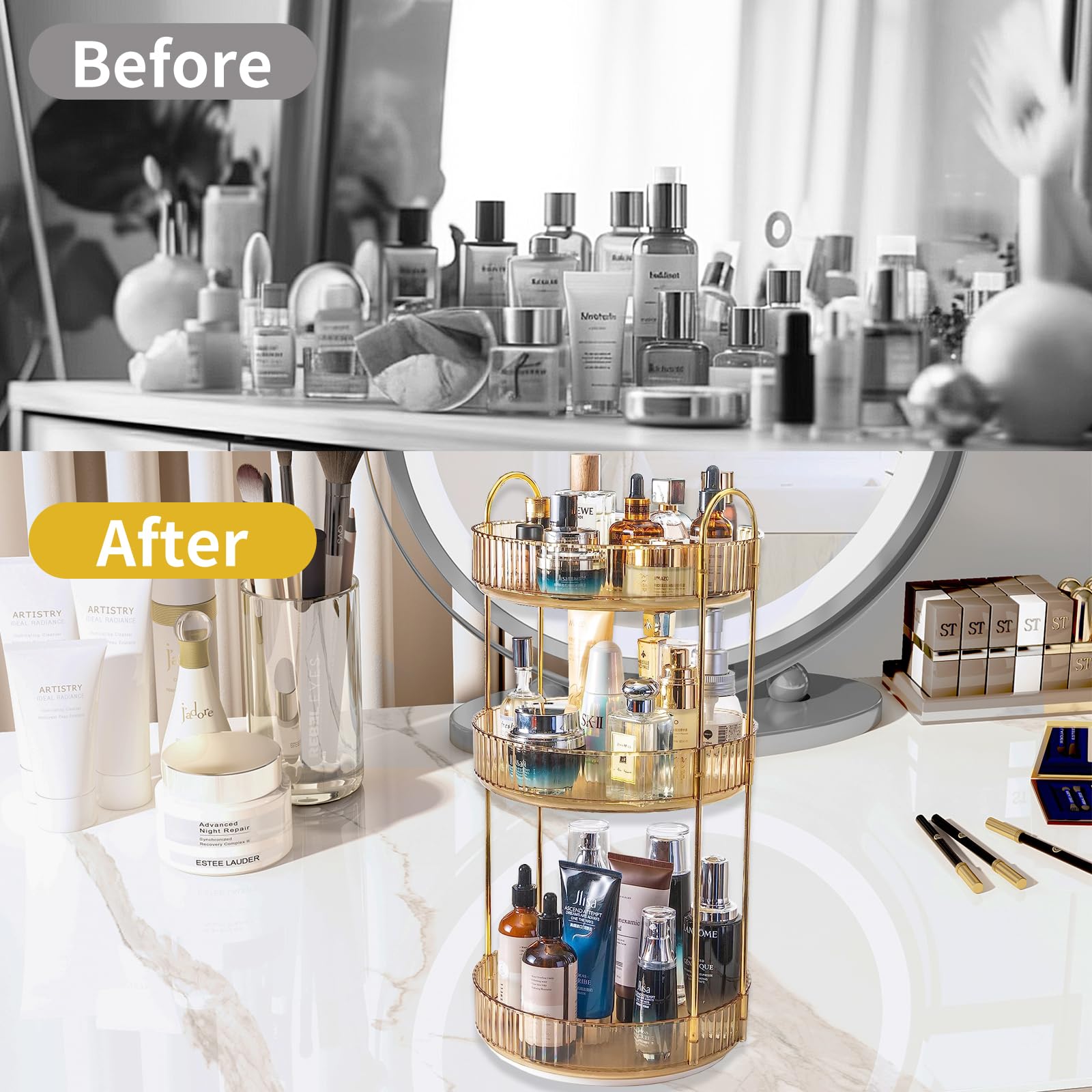 Asayuee 360 Rotating Makeup Organizer For Vanity,3 Tier Large Capacity Vanity Storage,Skincare Perfume Spinning Organizer,Bathro
