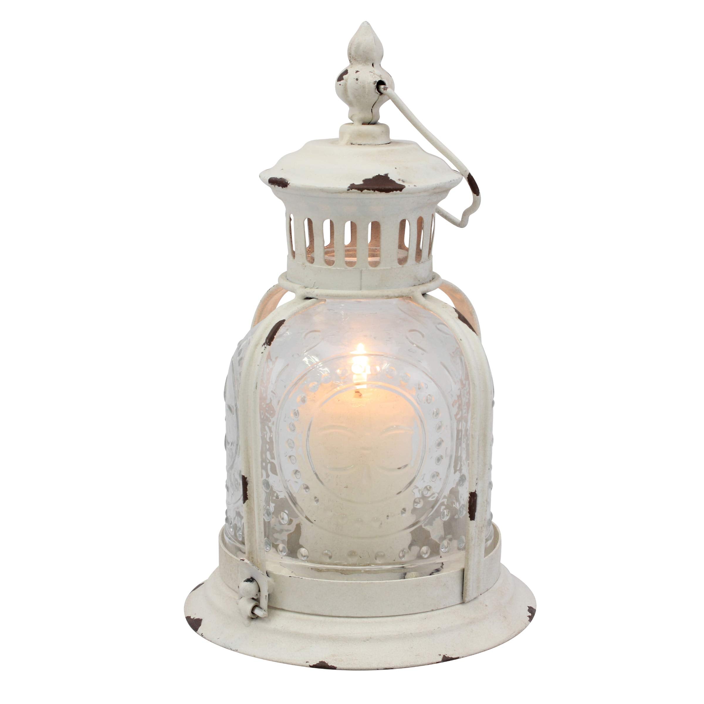 Stonebriar Antique Worn White Metal Candle Lantern, Use As Decoration for Birthday Parties, a Rustic Wedding Centerpiece, or Cre