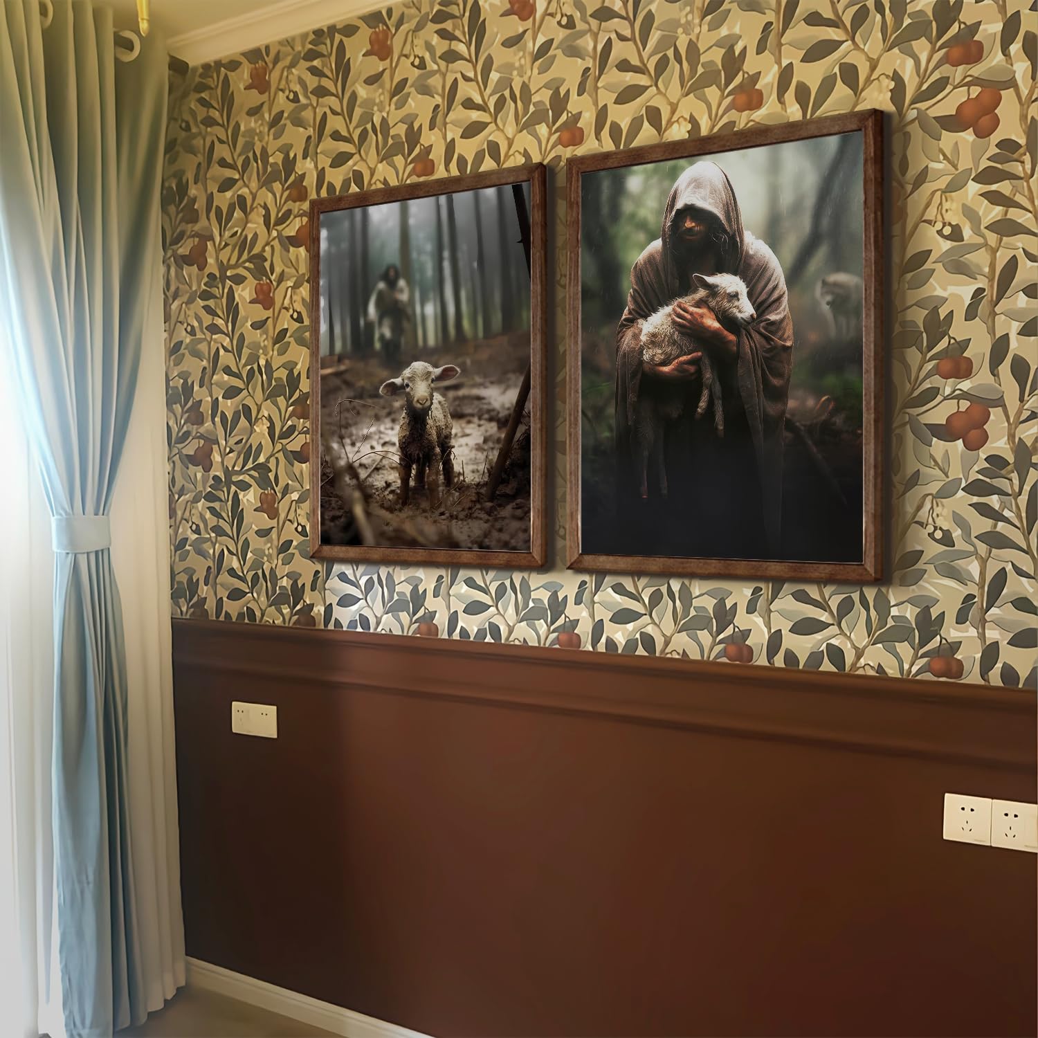 2Pcs Jesus And Lamb Canvas Wall Art Jesus Save Lost Lamb Posters Prints Vintage Christian Pictures Wall Decor For Bedroom Modern