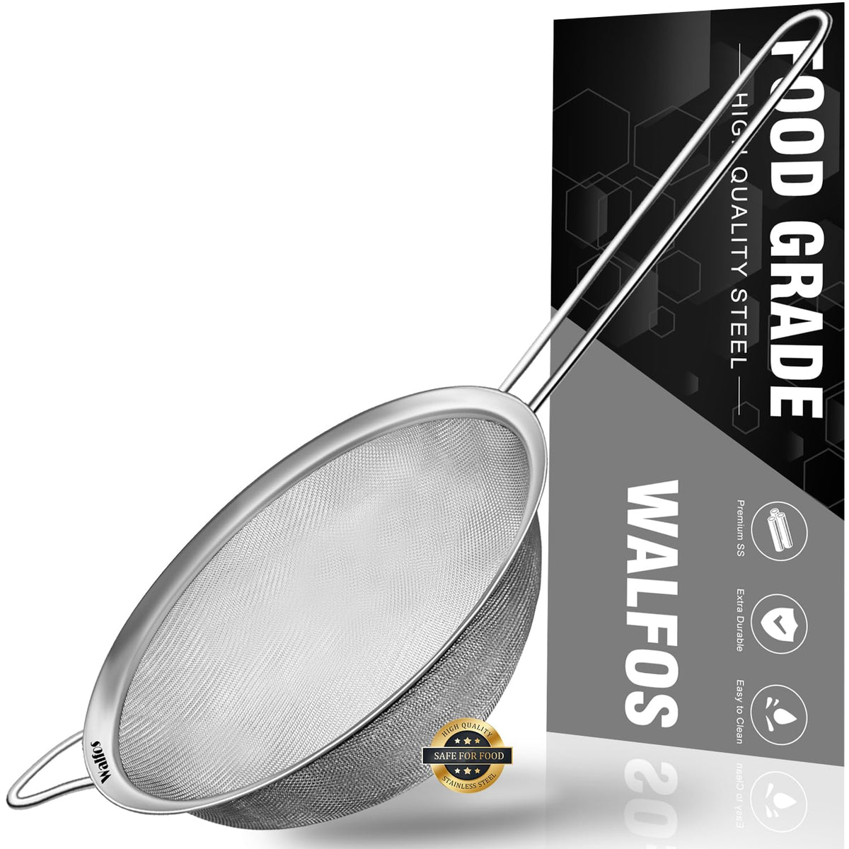 Walfos 8 Inch Fine Mesh Strainer, Premium Stainless Steel Colanders And Sifters, With Reinforced Frame And Sturdy Handle, Perfec