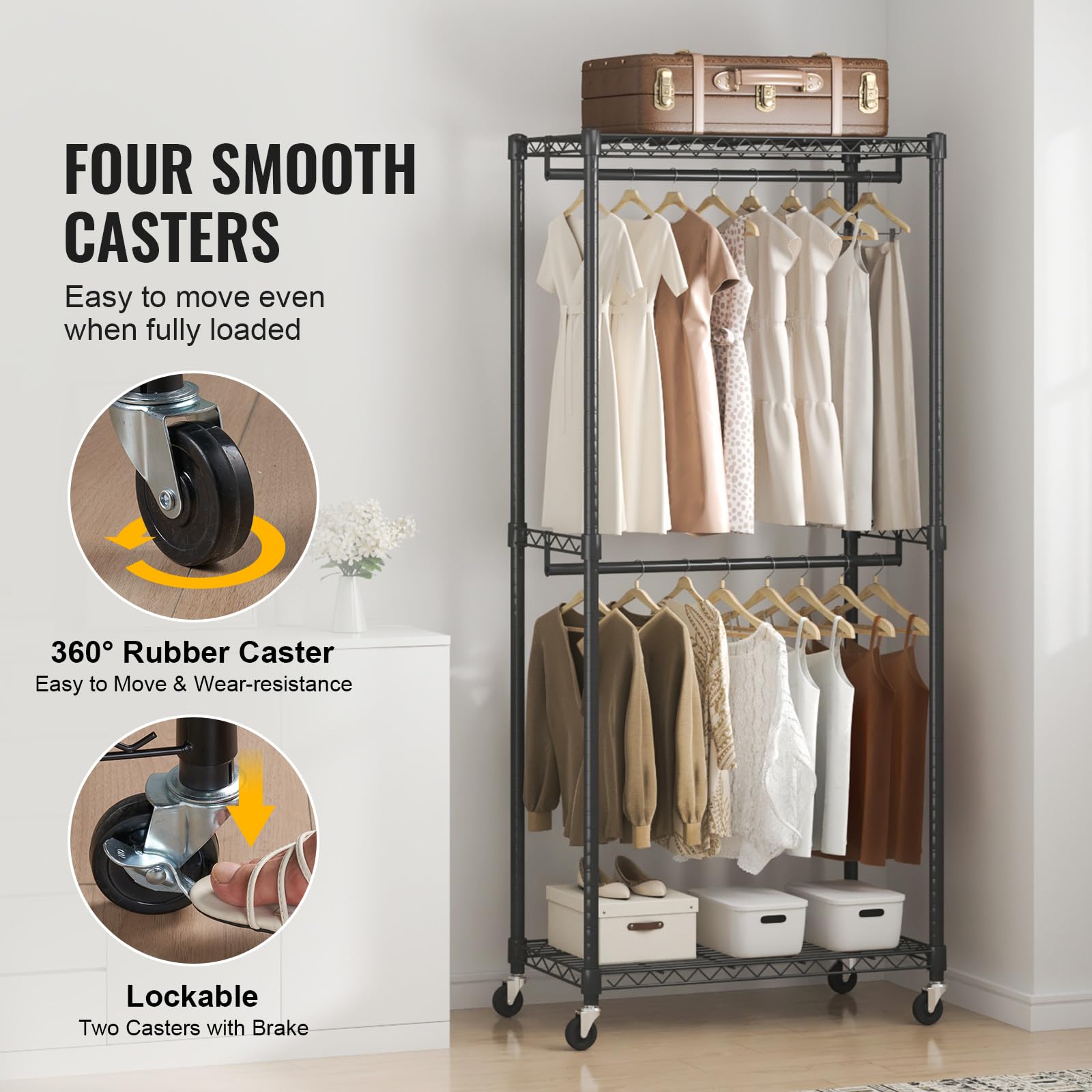 Vevor Heavy Duty Clothes Rack, Double Hanging Rods Clothing Garment Rack With Bottom And Top Storage Tier, Rolling Clothing Rack