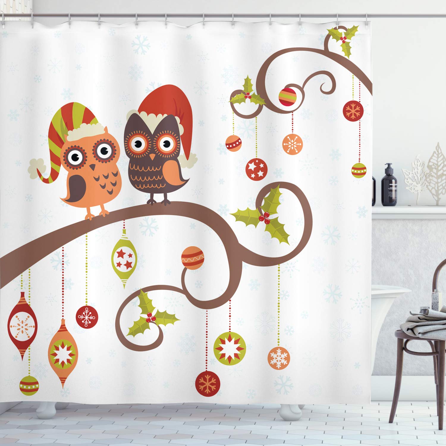 Ambesonne Christmas Shower Curtain, Owls On Celebrating Twiggy Tree Branches Annual Yule Noel Christmas Themed Print, Cloth Fabr