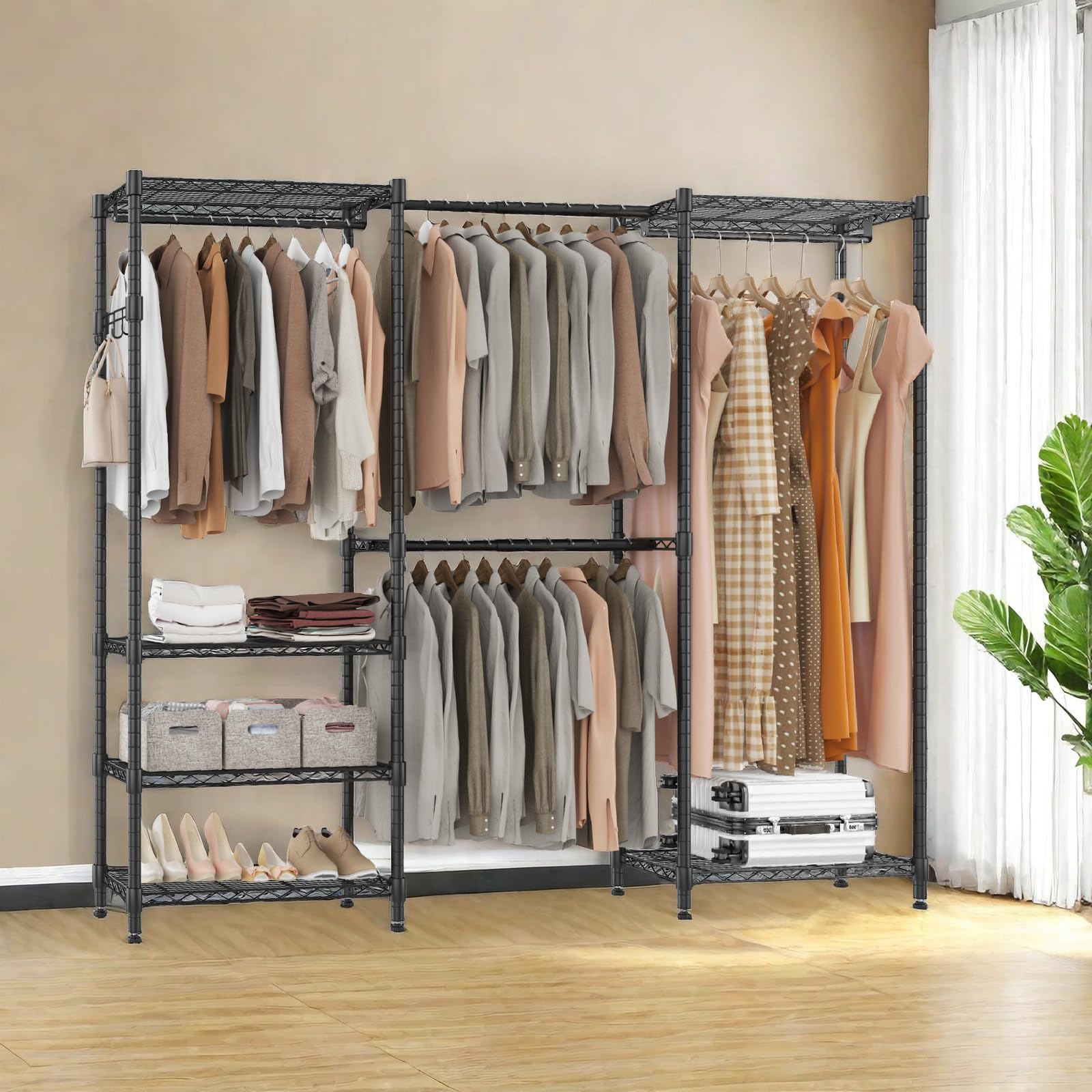 Bathwa Adjustable Heavy Duty Wardrobe Closet Organizer - Expandable Metal Clothing Rack With 4 Hanging Rods, 6 Shelves, And 4 Ha
