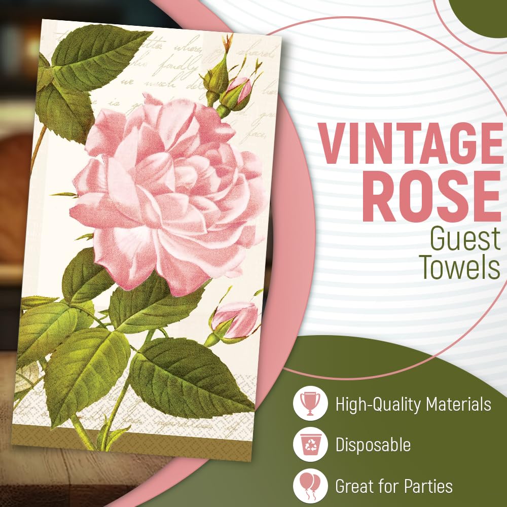 Vintage Rose Guest Towels, 8'' X 4'' (Pack Of 16) - Premium Classic Hand Towels, Ideal For Parties, Birthdays, & Any Celebration