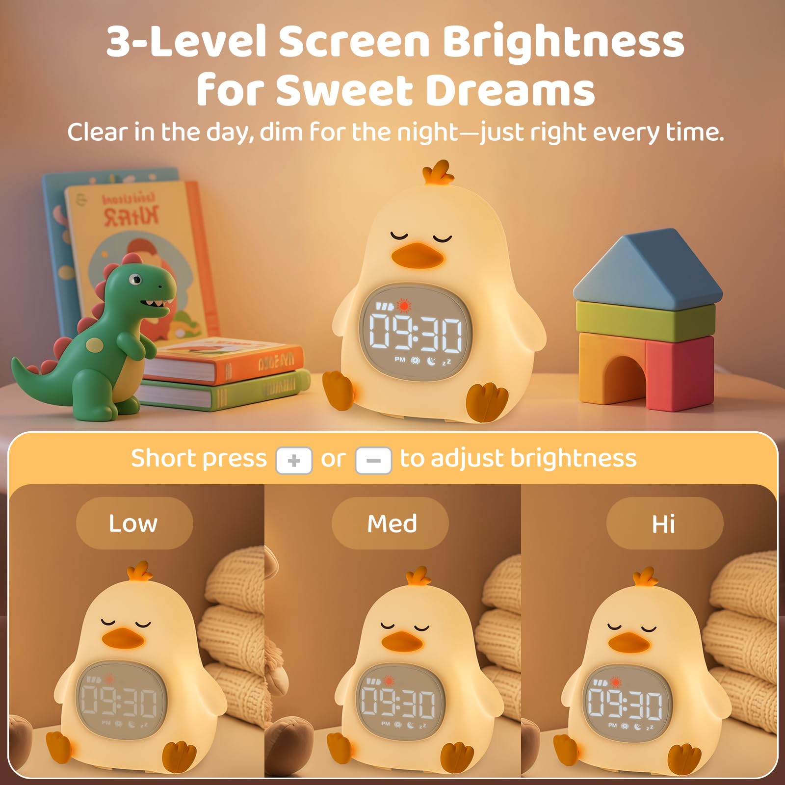 Sleepy Duck Alarm Clock with Night Light for Kids with Sleep Training and Sound Machine, Rechargeable Silicone Lamp OK to Wake C