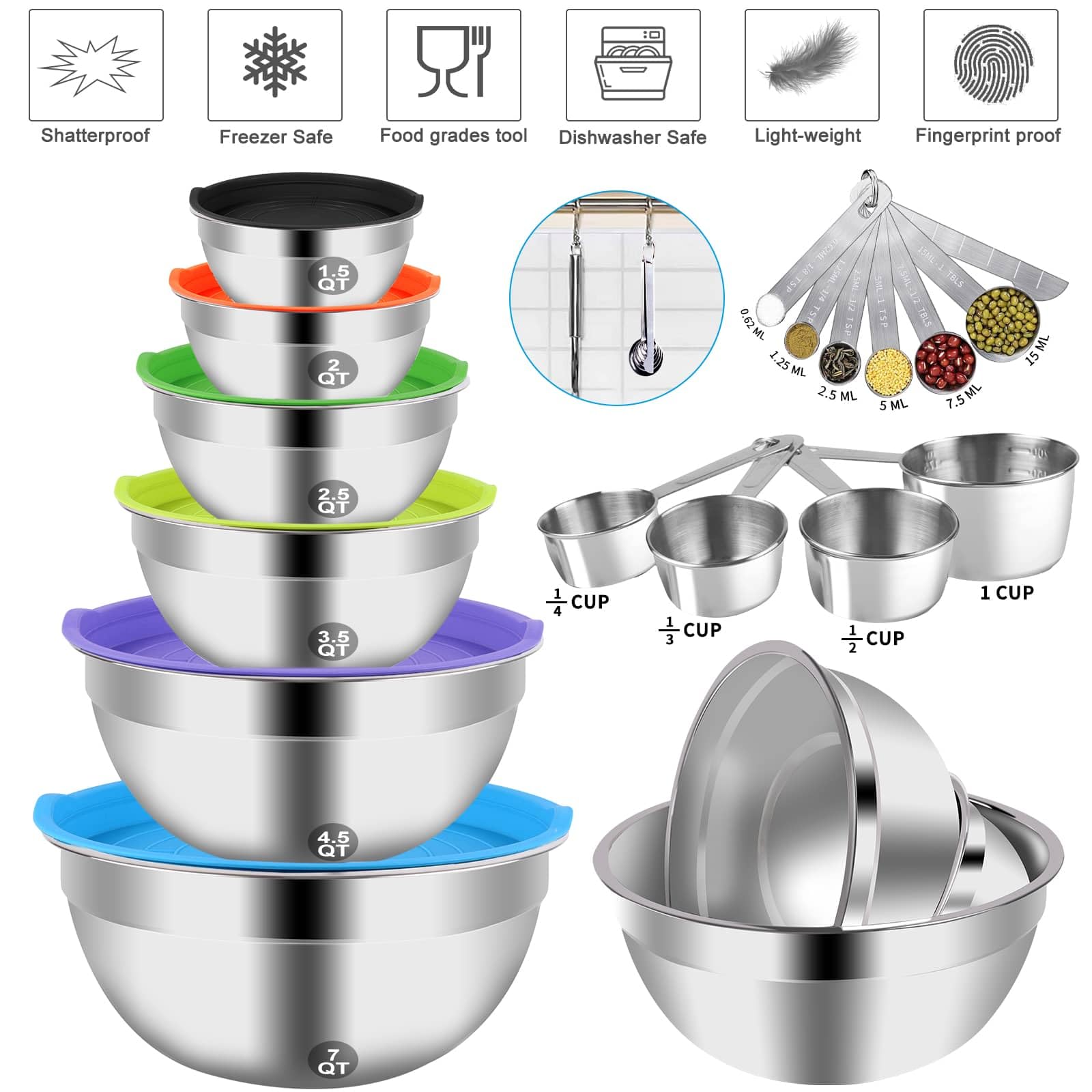 Wepsen Mixing Bowls With Lid Set, 27Pcs Kitchen Utensils Metal Bowl Stainless Steel Nesting Bowls, Measuring Cups And Spoons, Eg