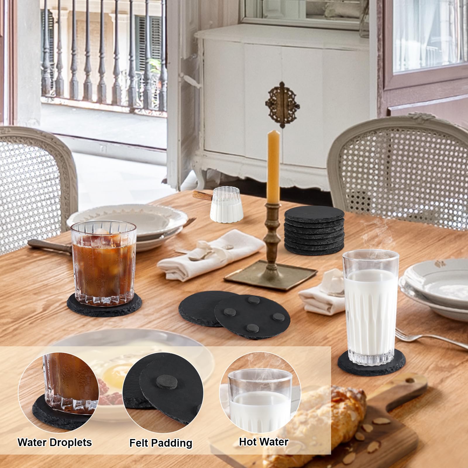 Slate Coasters, Maprial 4 Inch Coasters Of 12 Round Black Stone Coasters With Anti-Scratch Backing For Bar, Kitchen Home Decor,