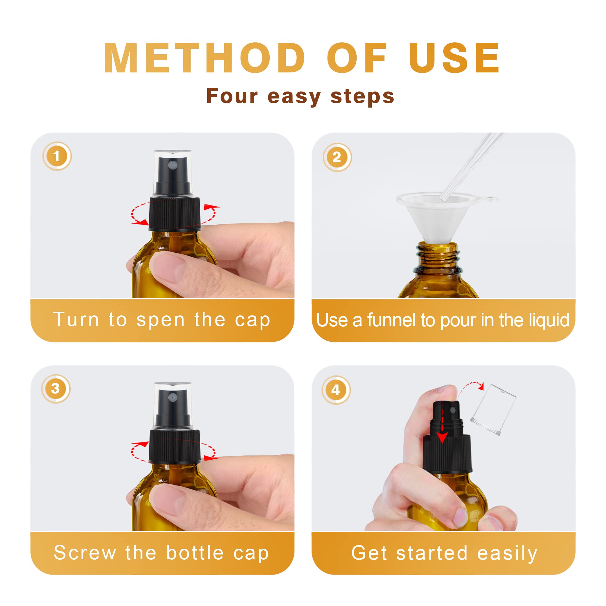 Givameihf 4 Pcs Amber Glass Spray Bottles 2Oz, Empty Small Spray Bottle Fine Mist Refillable Sprayer With Funnel Labels Droppers