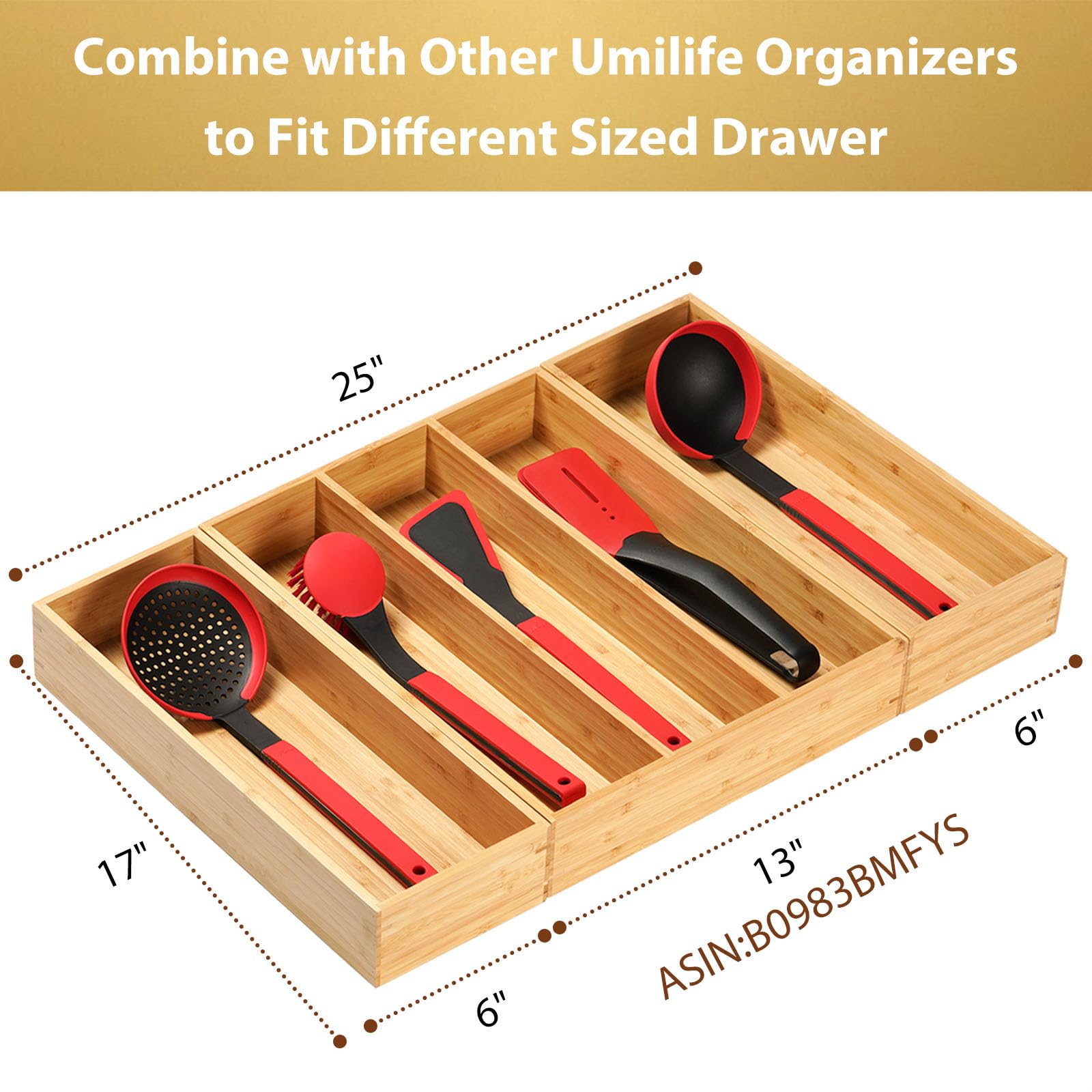 Umilife Bamboo Kitchen Utensils Organizer, Extra Long High Silverware Drawer Holder, Flatware Cutlery Storage Box, Multi-Use Dra